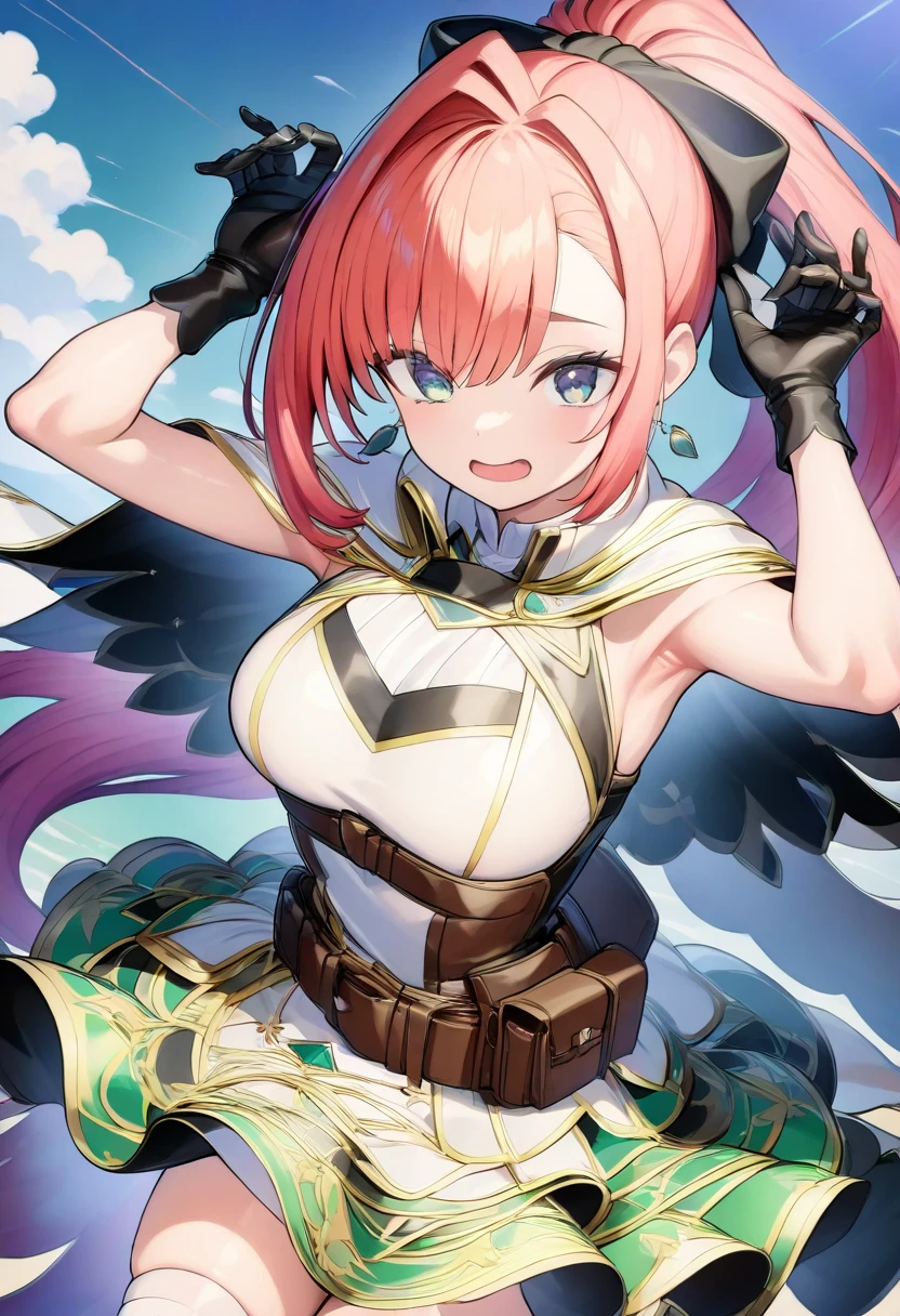 50 year old anime style woman The character has lilac hair with a military beret. She wears a green camouflage top and black pants with gold details.. Na cintura, carries a knife and she has a pair of wings (Giants) white angels on your back . She wears golden wristbands and has a long red katana with a spiked sash on her back.