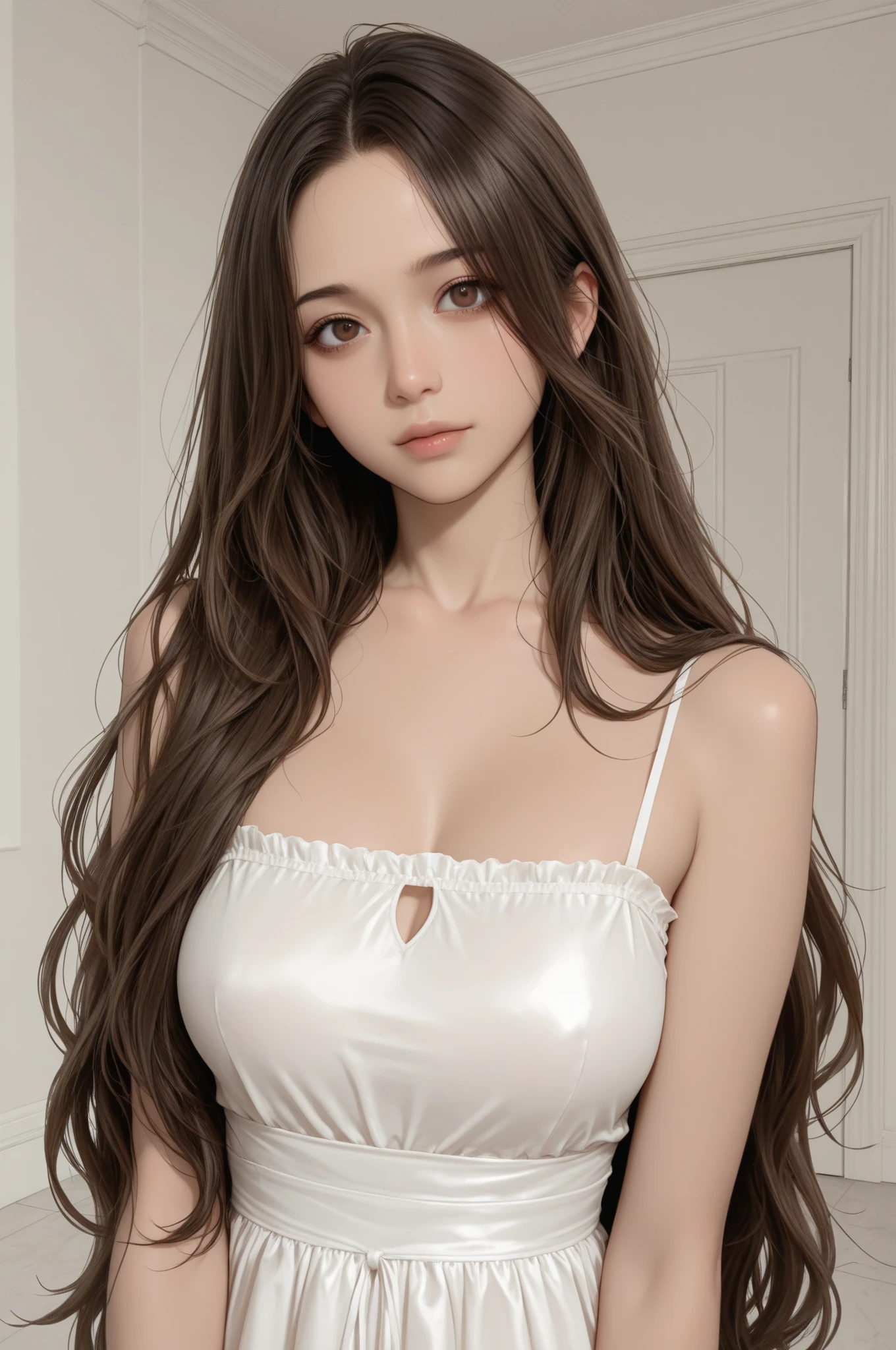 full hd 8k, Girl standing in front of a dark night scene, full moonlight reflecting on her beautiful face. Her long, silky hair was gently blown by the night wind, creating a gentle and romantic feeling. Next to her is a large displacement motorbike, showing her success and class. She looked up at the starry sky, as if searching for something, her eyes showing thoughtfulness and loneliness. The full moon shines in the night sky creating a beautiful scene. The girl has long, silky hair, creating a luxurious and noble beauty. The moonlight shines on the girl's delicate face, highlighting her large, round light brown eyes, creating a natural, gentle beauty. She wore a shirt and short jeans, showing off her seductive and luxurious beauty. Her plumble breasts were exposed, revealing her plumble and extremely sexy breasts. These images capture detailed panoramic portraits and views of the sky and motorcycles. All create a beautiful, wonderful picture that makes people unable to take their eyes off the scene. All of these details are depicted clearly and sharply,