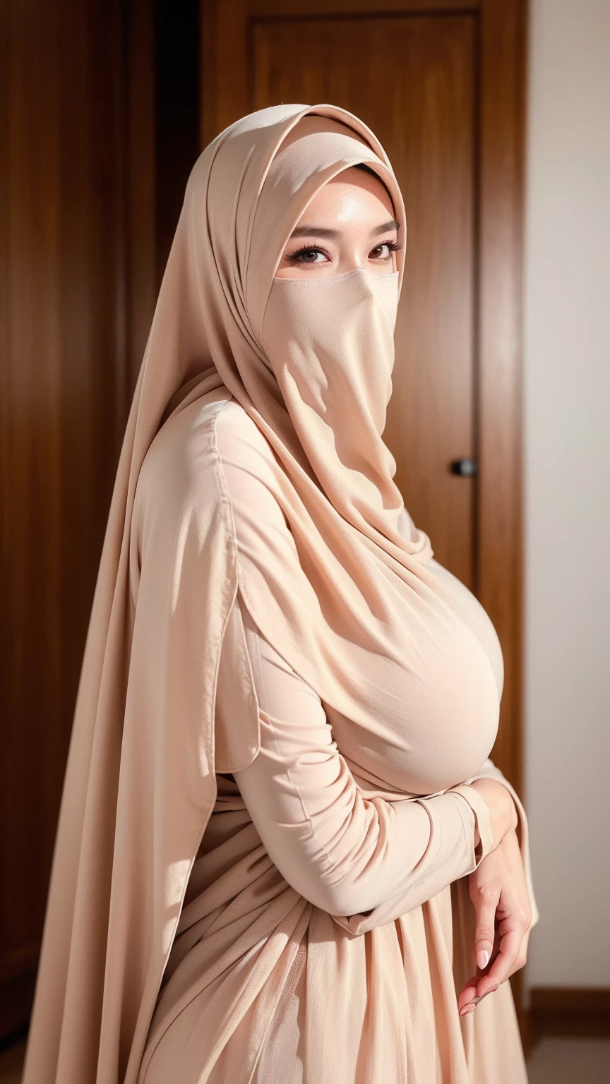 a beautiful young woman hijab, (((super big breast))), (very big breast covered) perfect face, (((very huge big breast,))), ((( Big Breast))) taut crimson pink micro dress muslim, (((covering mouth, taut veil))), Slim Face、20 years old, stil young, Pretty Lady, smile eyes, sleep in bedroom, stand up, (big breast covered) , see full image
