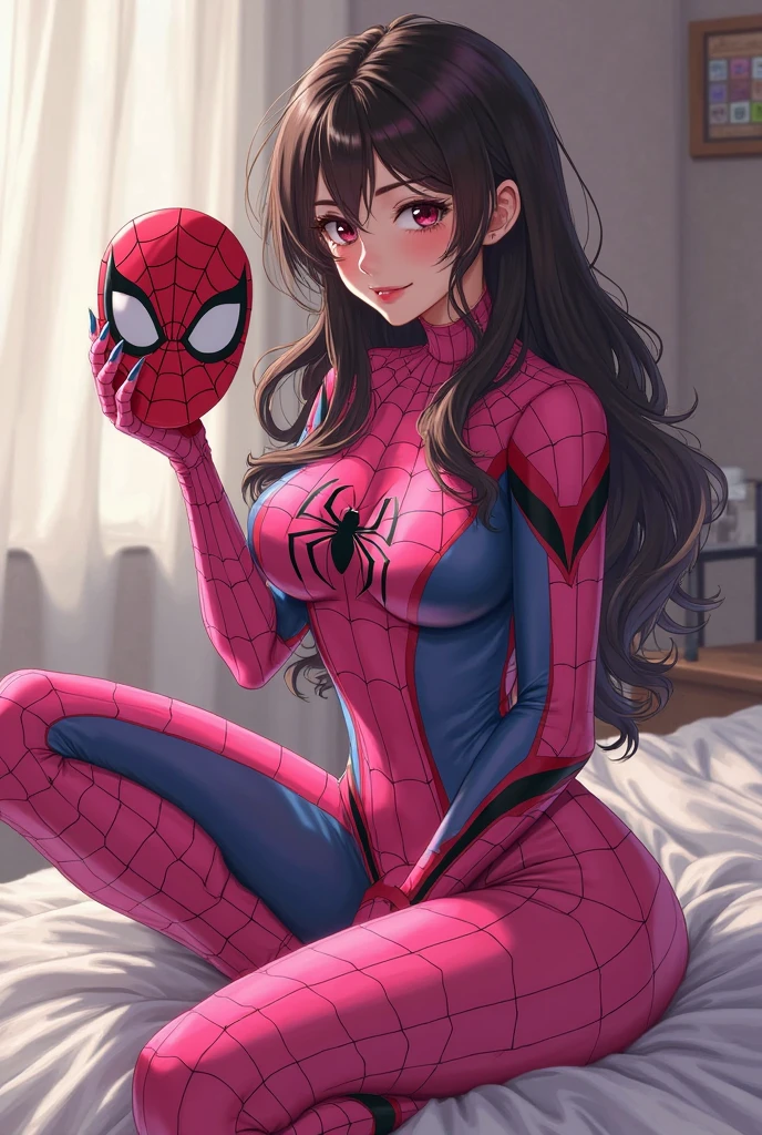 she is wearing a Spider-man suit, red and black color scheme, spider
