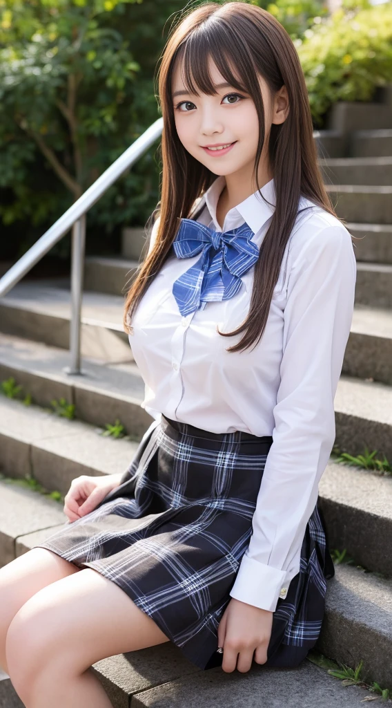 (((alone))),(((1 Girl))), beautiful, shape, Highly detailed skin, masterpiece, Highest quality, Highly detailed face, Vibrant colors, Written boundary depth, Cinema Lighting,, One Girl, alone, Brown eyes, Brown Hair, hair ornaments,Long Hair,Green Check Skirt,, White shirt, ,masterpiece Highest quality 高解像度、, Long Hair, Sit with your knees bent、eight-headed body、beautiful足 、On campus、As if looking up from below、Embarrassing,Browsing Caution,Camel Toe