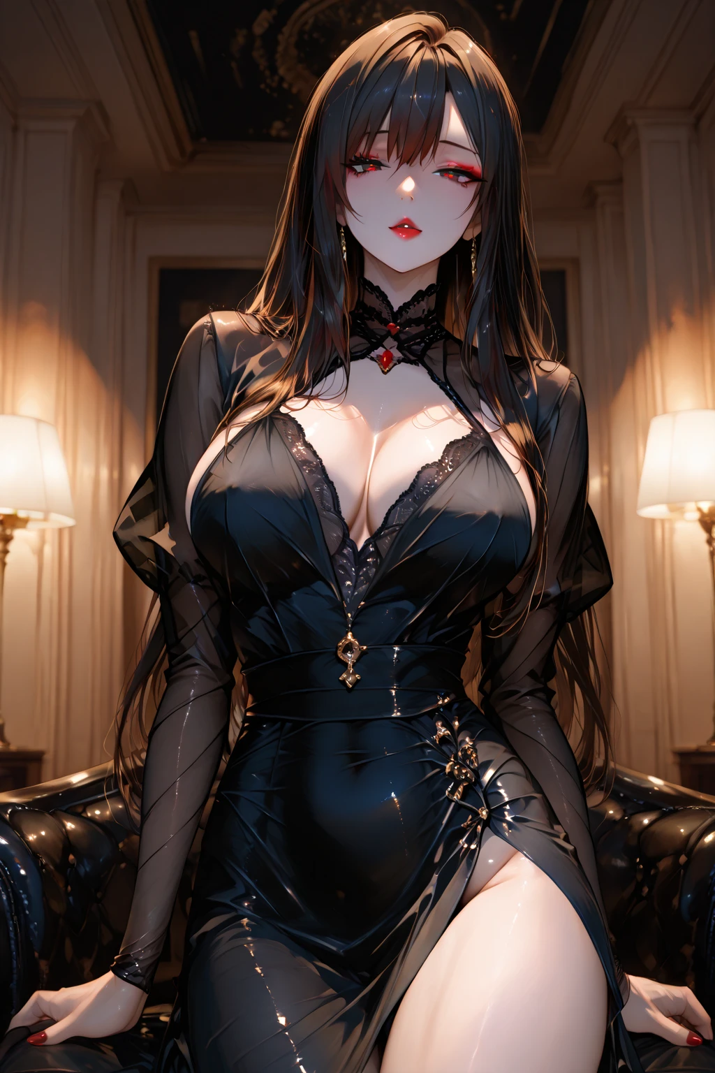 1girl, 26 years old, black dress, off-the-shoulder, black hair, long hair, blonde, red eyes, parted lips, black pantyhose, sexy, seductive