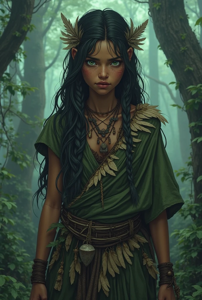 0rc woman, oil portrait, body shot, beautiful face, white dress, abs, yellow eyes, freckles, black hair, detailed skin, cinematic, great shading, moody lighting, in forest