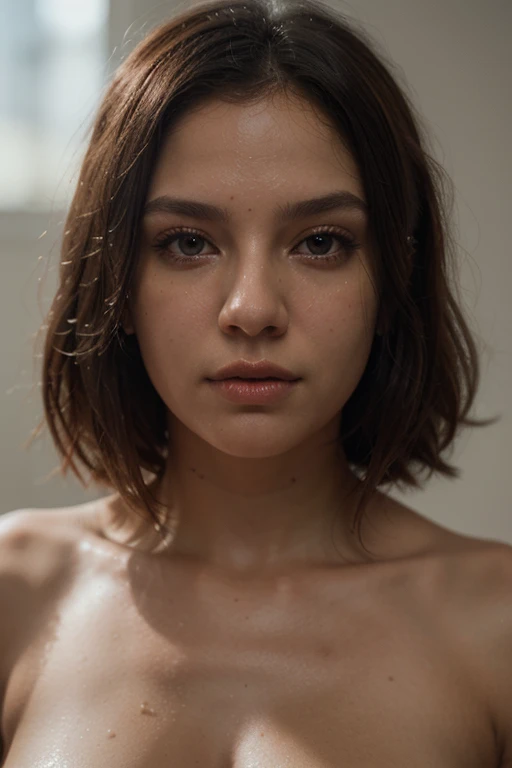 realistic photo, 18 years old, italian woman, ((shaved head. extremely short hair)), (wool hat), small breast. ((dark blue eyes)), (((supermodel face))), ((naked)), cum on tits,  (standing), (close up of tits and face)