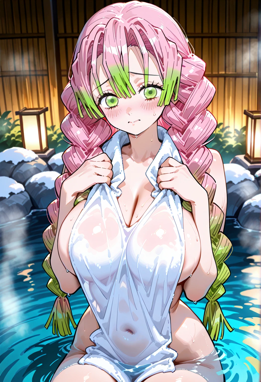 score_9, score_8_up, score_7_up, score_6_up, score_5_up, score_4_up, (source_anime), 1girl, Full body ,Night, kimetsu no yaiba, {{mitsuri kanroji }}, massive breasts, natural Hot spring, steam, Naked, love hashira, massive ass, pussy, florest, Inverted nipples, Sweaty, nature, Relaxing, detailed nipples, Detailed eyes, relaxed expression, sucking giant pink dildo, green Pubic hair, orgasm, dildo play, oral, Slobber, blowjob, Deep throat