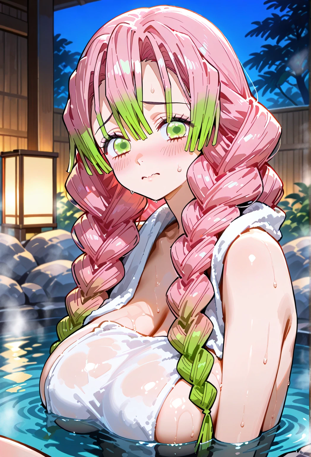 score_9, score_8_up, score_7_up, source_アニメ, aamitsuri, long hair, braid, multicolored hair, green eyes, mole under eye, large breasts, Micro Bikini, Embarrassing,blush