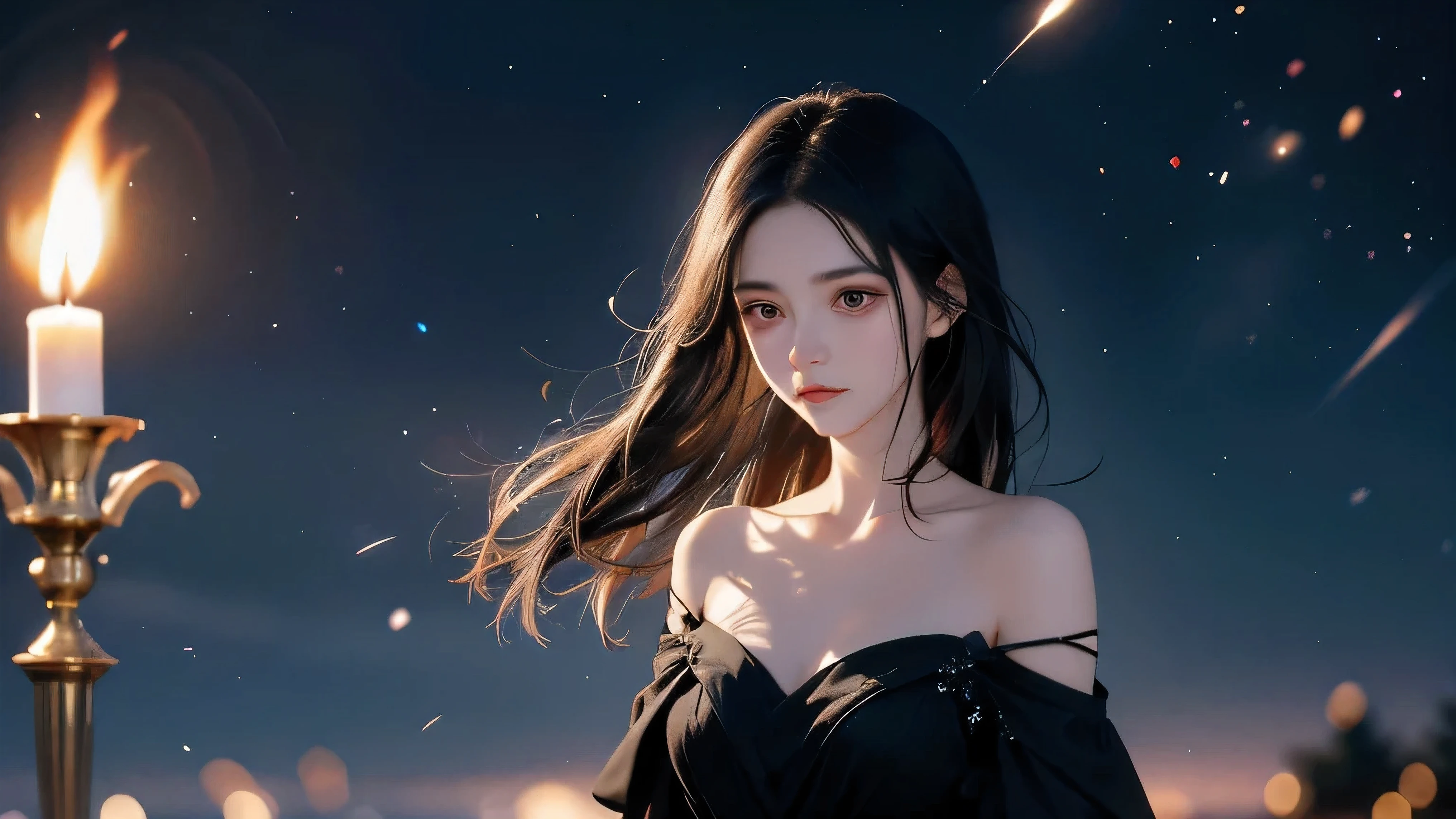 A cinematic 16:9 illustration of a melancholic young woman standing quietly beneath a starry evening sky. She wears a dark green off-the-shoulder dress and holds a small candle, its flickering flame softly illuminating her sad expression. Her long black hair sways gently in the breeze, and her eyes gaze downward in silence. A single shooting star arcs across the deep blue sky behind her, symbolizing fleeting hope and unspoken feelings. The atmosphere is quiet and emotional, with soft light and shadow creating a dreamlike tone. Ideal as an album cover or MV scene with poetic, tragic beauty.