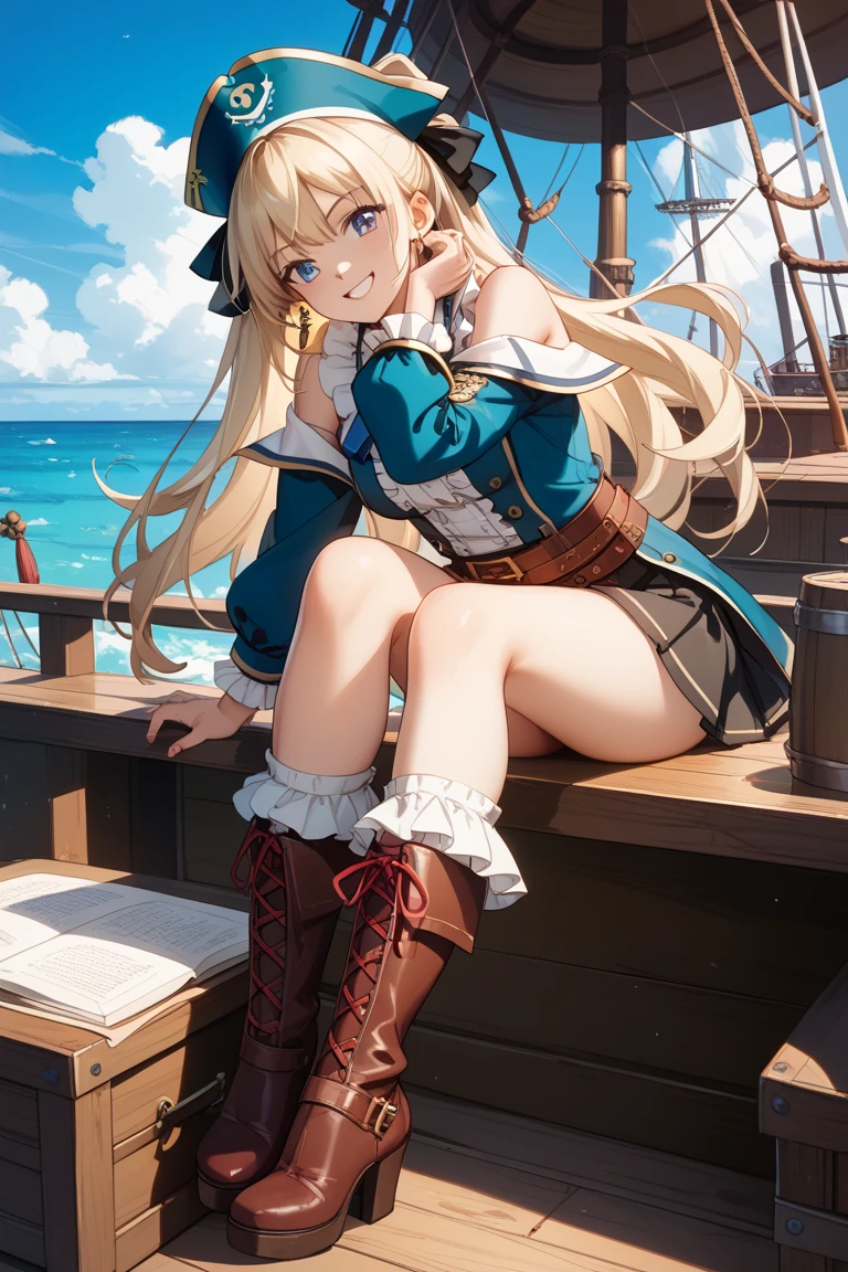 masterpiece, high quality, a demon girl, long blonde hair, light blue eyes, medieval attire, loose white shirt, old skirt, dirty old boots,
deck background of an old ship, pirate