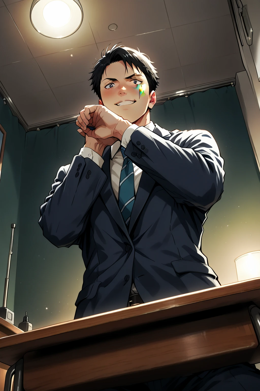 （1 Adult male），A high resolution， Sharp focus， Pixiv masterpiece， （（Complicated details））， highly  detailed， natsuki_subaru， 1 man， Lazy，laughingly，full bodyesbian，Stretch out， blue color eyes（eyes glowing）， Short yellow hair，white  shirt，Wear a tie，Wear a belt，perspire，Rain，Drenched，Sweaty crotch，look from down