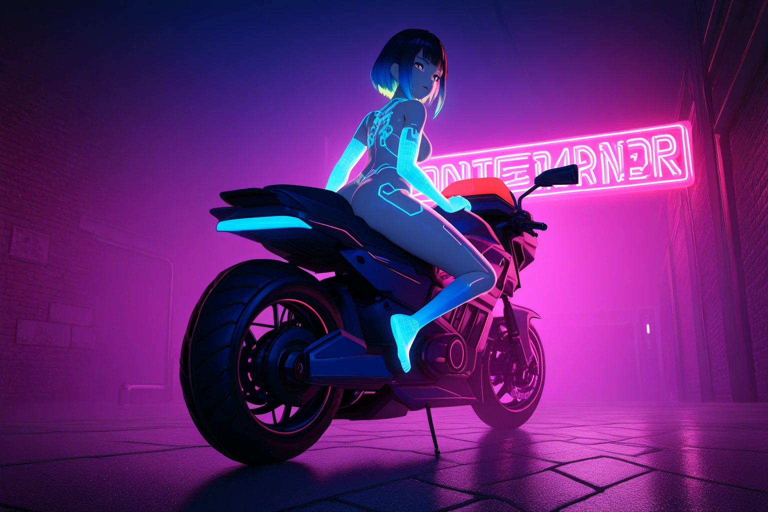 (Furry、Lizard girl riding a bike)Fluorescent Body、Colorful Neon、cyber punk、Lane