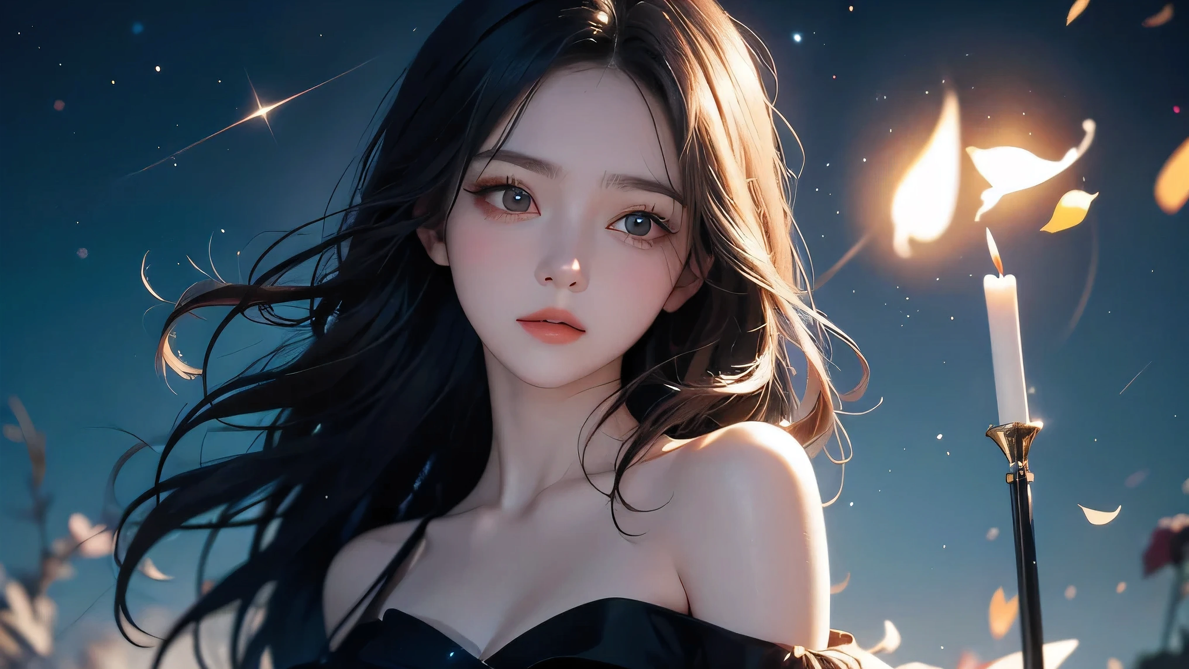 A cinematic 16:9 illustration of a melancholic young woman standing quietly beneath a starry evening sky. She wears a dark green off-the-shoulder dress and holds a small candle, its flickering flame softly illuminating her sad expression. Her long black hair sways gently in the breeze, and her eyes gaze downward in silence. A single shooting star arcs across the deep blue sky behind her, symbolizing fleeting hope and unspoken feelings. The atmosphere is quiet and emotional, with soft light and shadow creating a dreamlike tone. Ideal as an album cover or MV scene with poetic, tragic beauty.