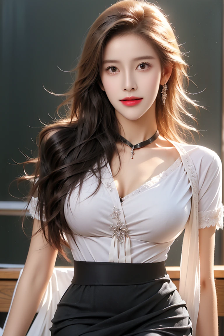 Full body angle、((highest quality、8K、Masterpiece: 1.3))、concentrate: 1.2、Cute Girl 1、Nipple erection、Braless walk、Perfect beauty: 1.4、Striped drop shoulder sweater: 1.2、Long sleeve、Randall Color、Comics&Text Graphics、Black ruffle trim drawstring zip blouse、1.1、Highly detailed face and skin textures、fine grain、double eyelid、Whitening skin、highest quality、Ultra-high resolution、you、One girl、one person、_Shiny skin、Iris、necklace、 ((Brown_length_Wavy_hair)),(lips))、eyelash、bangs、process、Correction、Shine、pores、Skin type、Big Breasts、smile、lively、