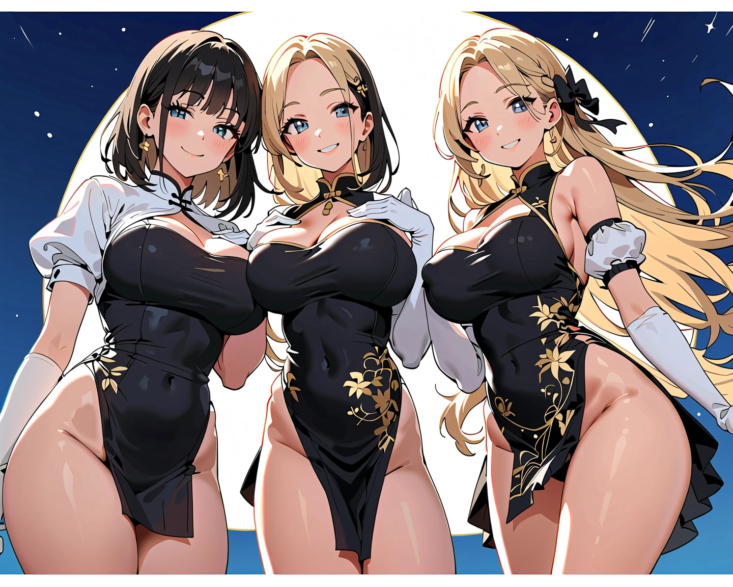 Bust Chart、Inner thighs、(Three Girls、3girls、24-years-old、27 years old、32 years old),blonde、Black Hair、Brown Hair、Bunny girl、White rabbit ears、Wrist cuff、Huge breasts:1.5、Saggy breasts:1.5、Long chest:1.3、Saggy breasts:1.5、Everyone please line up facing forward、(Mature Woman、Mature Woman:1.3)、Cabaret Club、casino、White bunny suit、Black bunny suit、Light blue bunny suit、ponytail、Bobcut、hair over one eye
