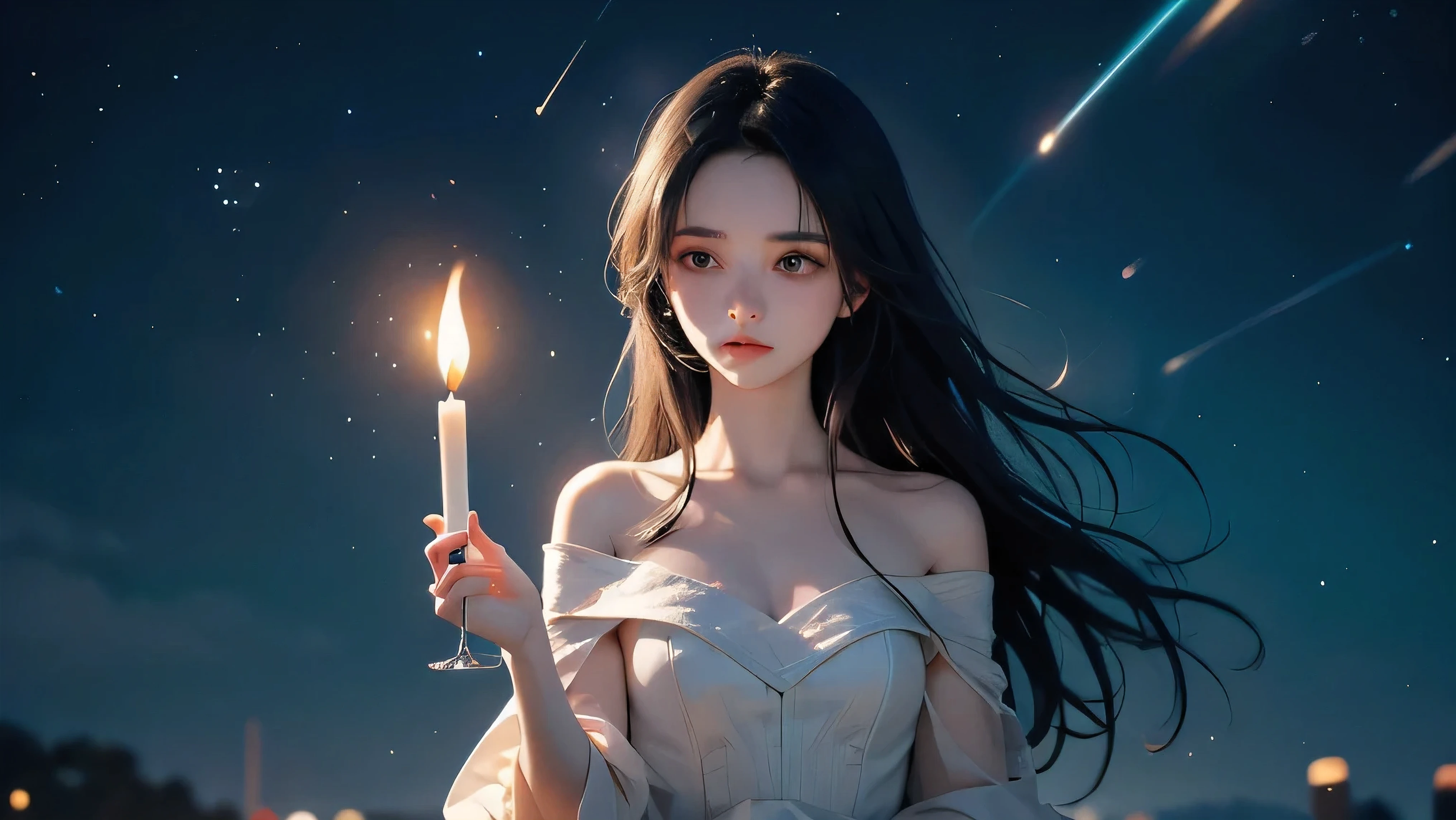 A cinematic 16:9 illustration of a melancholic young woman standing quietly beneath a starry evening sky. She wears a dark green off-the-shoulder dress and holds a small candle, its flickering flame softly illuminating her sad expression. Her long black hair sways gently in the breeze, and her eyes gaze downward in silence. A single shooting star arcs across the deep blue sky behind her, symbolizing fleeting hope and unspoken feelings. The atmosphere is quiet and emotional, with soft light and shadow creating a dreamlike tone. Ideal as an album cover or MV scene with poetic, tragic beauty.