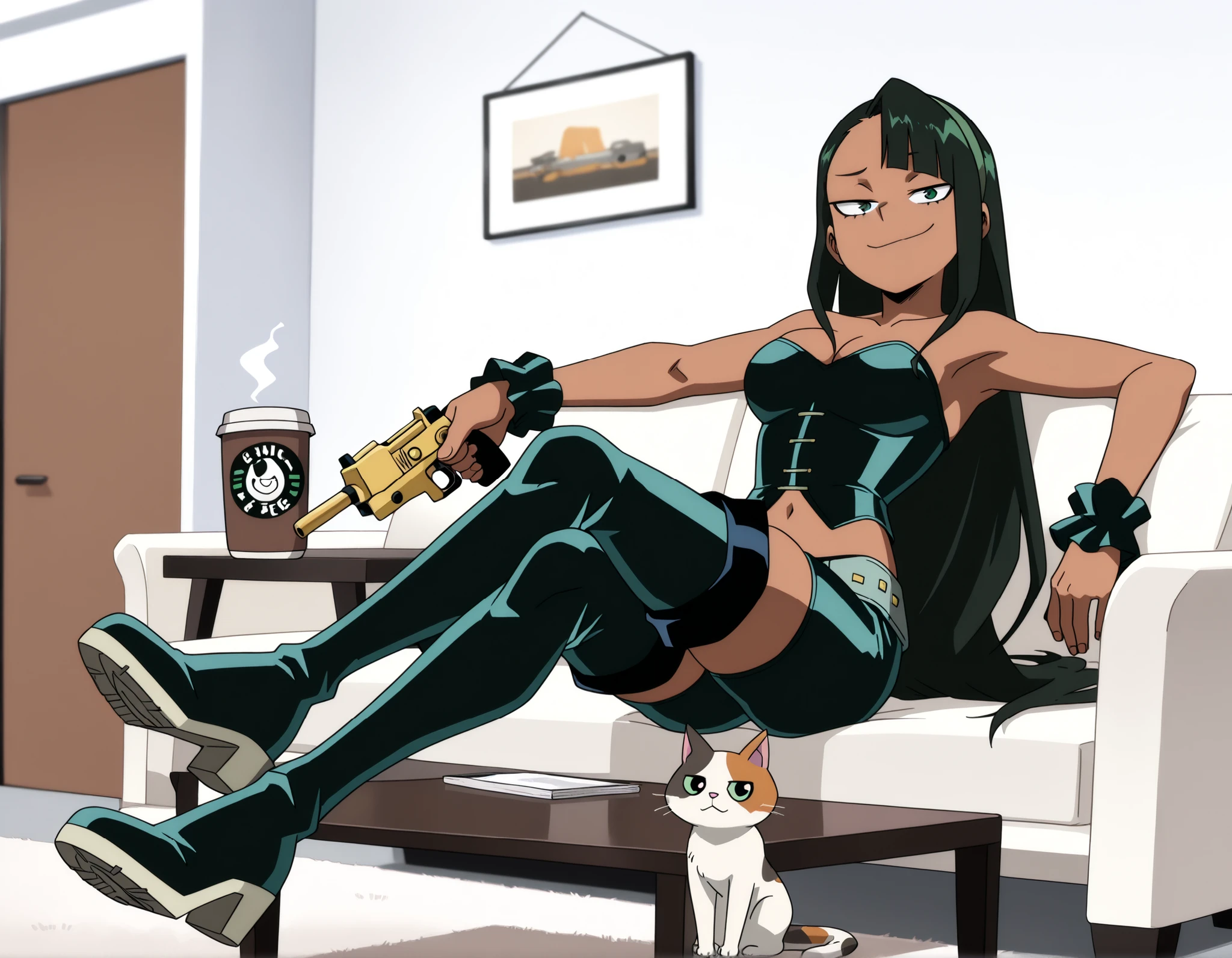 (Highest Quality)), (private office background), (My Hero Academia Style), 1girl, full body, breast, thighs, dark skin, green eyes, black hair, very long hair, side bangs, single hair intake, gyaru, wrist scrunchy, green hairband, looking the viewer, Sitting on the couch, sitting, arms on the back of the couch, in the middle of the couch, sitting in the middle of the couch, Arms extended over the back of the couch, sitting in the middle, Legs on the table, legs crossed, legs on the table crossed, coffee table, legs on the coffee table, Legs crossed on the coffee table, Evil smug, evil look, Dark Green leather strapless corset, strapless corset, Dark Green corset, Dark green leather corset, midriff, Dark green skinny leather pants, leather pants, skinny pants, Dark Green pants, Black leather thigh boots with low sole, black low sole boots, black leather boots, leather boots with low sole, black low sole boots, black boots, leather boots, thigh boots, black thigh boots, leather thigh boots, low sole thigh boots, Holding silver semi-automatic pistols, silver semi-automatic pistols, semi-automatic pistols in each hand, silver semi-automatic pistols in each hand, Holding silver semi-automatic pistols in each hand, Calico cat on coffee table, calico cat sitting, fat calico cat, calico cat, ((Fat calico cat sitting on the coffee table)), (Post-shooting background), (Post-shooting office background),