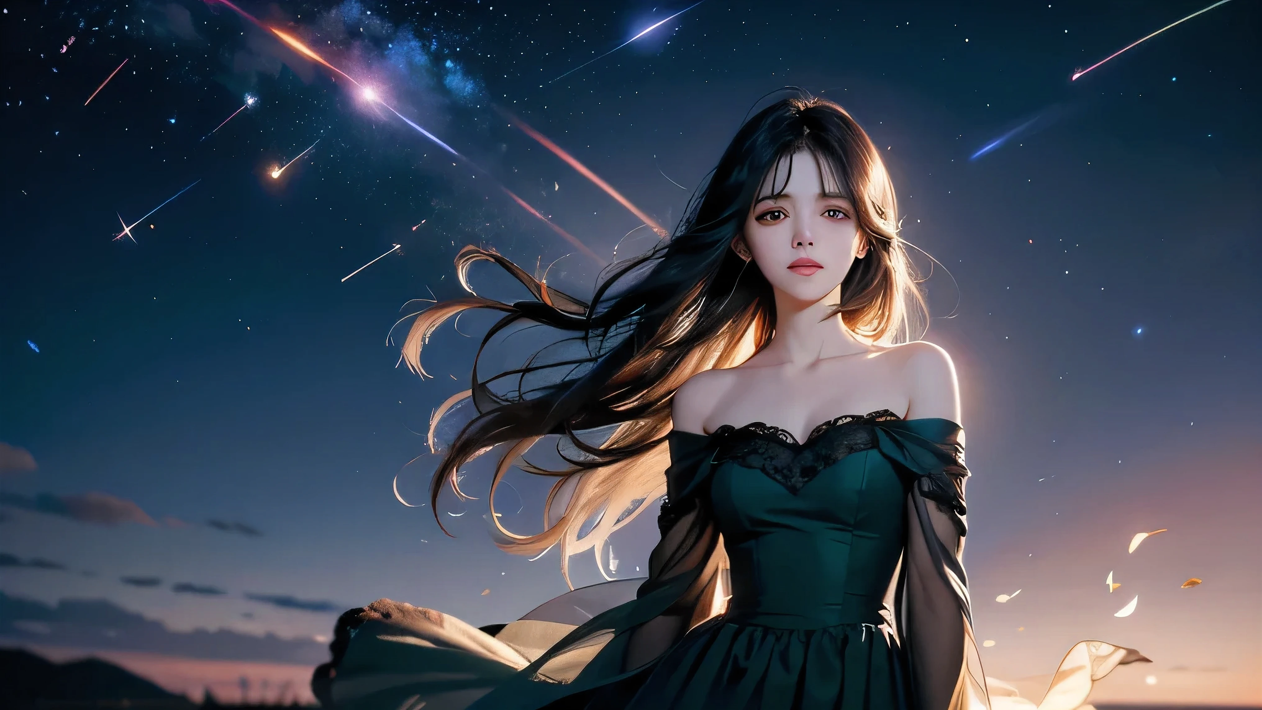 A cinematic 16:9 illustration of a melancholic young woman standing quietly beneath a starry evening sky. She wears a dark green off-the-shoulder dress and holds a small candle, its flickering flame softly illuminating her sad expression. Her long black hair sways gently in the breeze, and her eyes gaze downward in silence. A single shooting star arcs across the deep blue sky behind her, symbolizing fleeting hope and unspoken feelings. The atmosphere is quiet and emotional, with soft light and shadow creating a dreamlike tone. Ideal as an album cover or MV scene with poetic, tragic beauty.