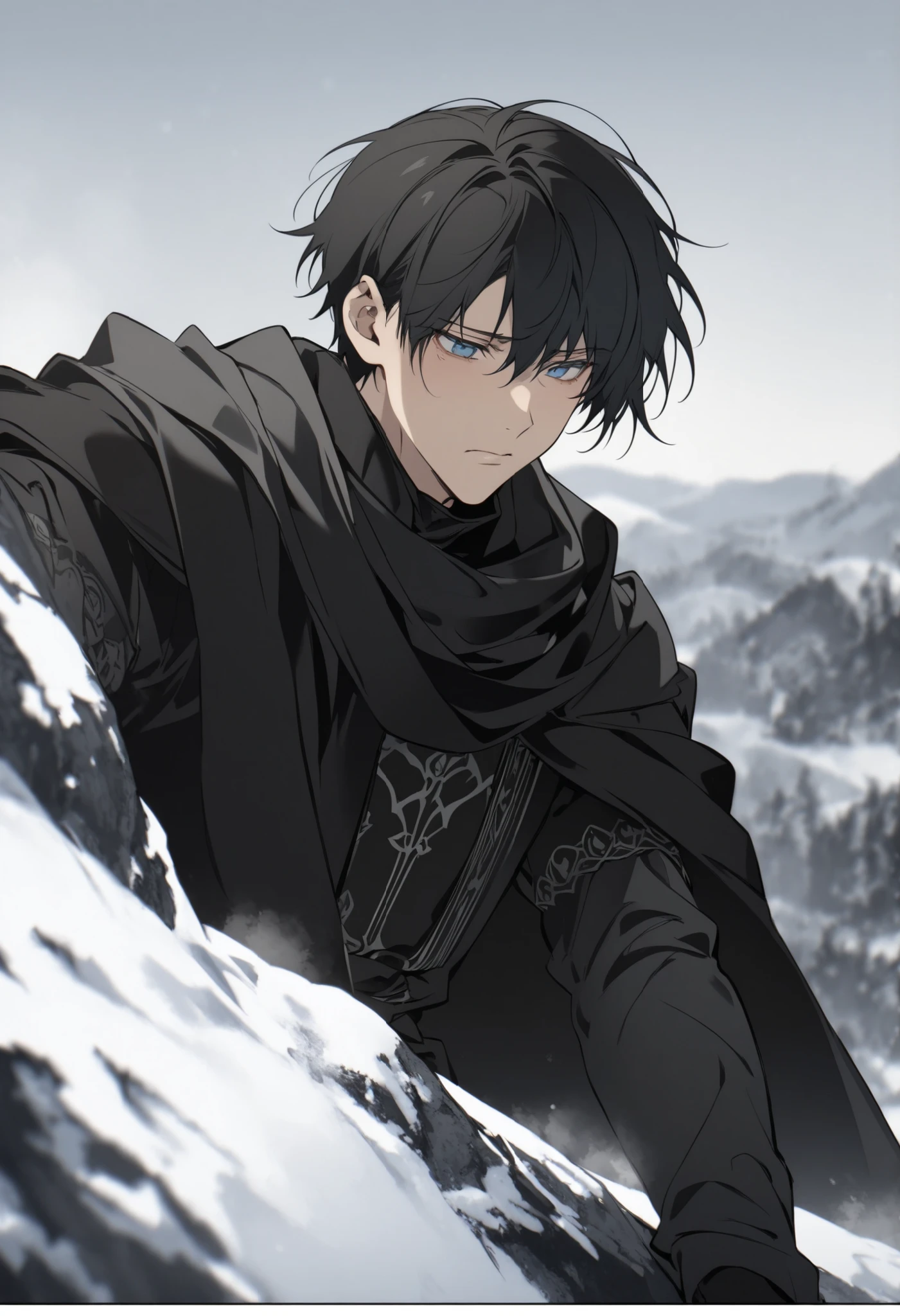 a single fair-skinned young man ,  short black hair and blue eyes  , beautiful face, wearing black medieval clothes and a black winter robe with snow skin, wears black gloves,  cold expression , On top of a snowy mountain 