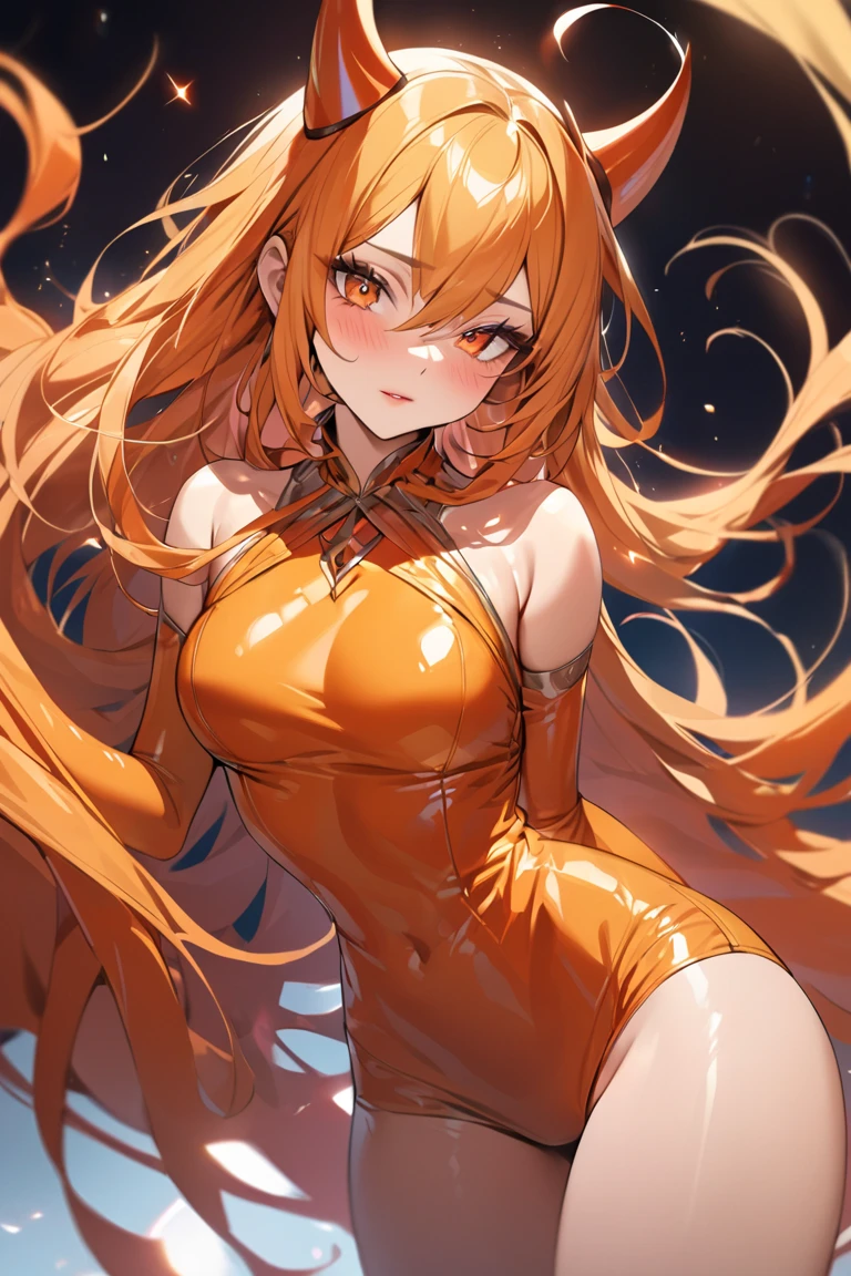 a tall female figure wearing a short black dress that fits her body perfectly. Her hair is long and golden in color., with fiery red and yellow locks. His eyes are a deep, fiery red and his expression is severe and determined.. His hands are clenched into fists and his legs are engulfed in flame-like energy..
