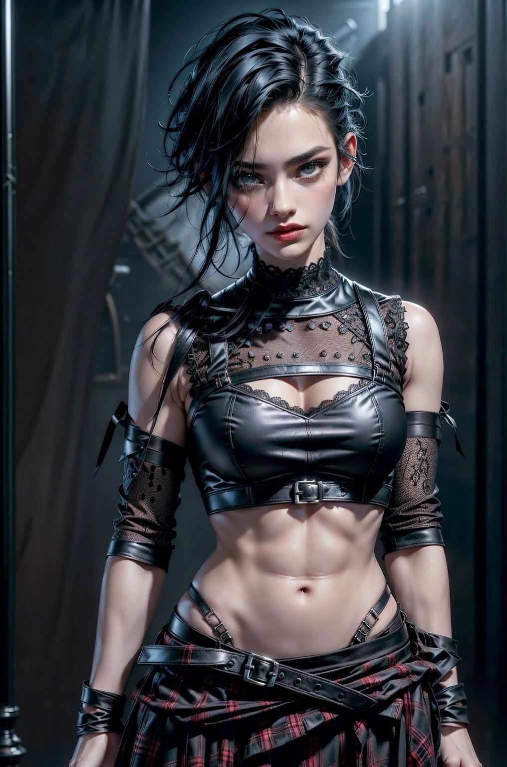 ((Perfect eyes)), ((wet)),(((white cum))), ((she has a very skinny and toned strong body)), ((makeup)), ((freckles)), ((perfect eyebrows)), ((sharper edges)), ((perfect scary grey eyes)), perfect intimidating face, slut, sadistic, predatory, better detail on her skin, perfect face and strong jawline, perfect full wet lips, sadistic atmosphere, wet sweaty skin, more detail, beautiful intimidating grey eyes, ((beautiful horror)), better lighting, more toned muscles, perfect detail on her intimidating eyes, very tight underwear, ((tight pussy)), (((tighter clothing))), slutty, intense, perfect detail, tight abd sexy, ((piercings)), better detail on her bellybutton, skinny, skinny and strong, more skin showing.