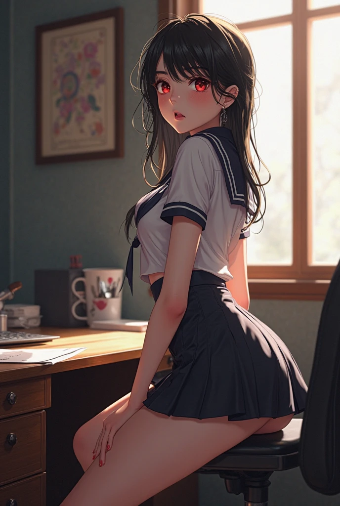 (masuter piece, Best Quality), Sarada Uchiha, FF7, Tifa Lockhart, Black hair, Glowing red eyes, Sharingan eyes, Petite, Schoolgirl, School uniform, up skirt, Lace panties, Hands on the desk, from behind, Malvese, crass room, Smile, Fun, Volumetric lighting, Sunlight, Bright