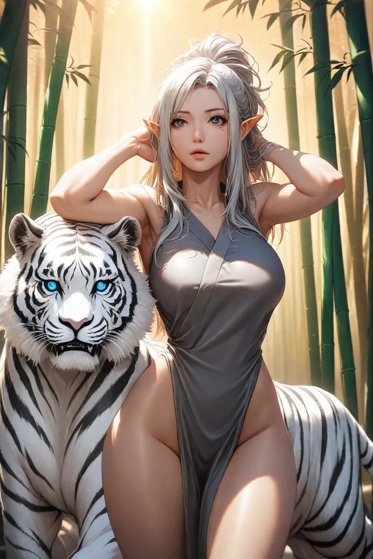 She wears no clothes because she is a beastman with tiger-print hair and braids、It is white and has very beautiful skin、Yellow eyes、Hairless pubic area、sexypose、