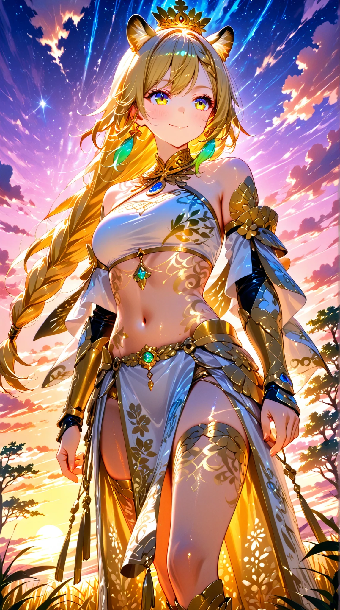 best quality, ultra detailed, high detailed, messy hair, golden eyes, , (big breasts:1.6), bangs, (looking at camera), natural light, rim light, standing in the deep jungle, deep jungles behind, trees, wet, arms up, smile, pureerosface_v1, (lags spread), (perfect anatomy)