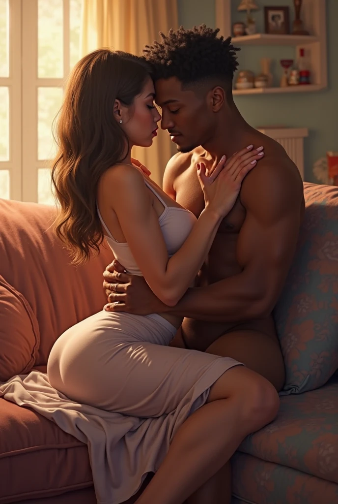 a couple indonesian man and woman are having sex in a bed.  both lying down on the bed in traditional position. The woman facing the camera is in the highest stage of orgasm, spread her legs apart, her hands hugging tightly the back of the man. The man is on top. Photo realistic, close up. full body