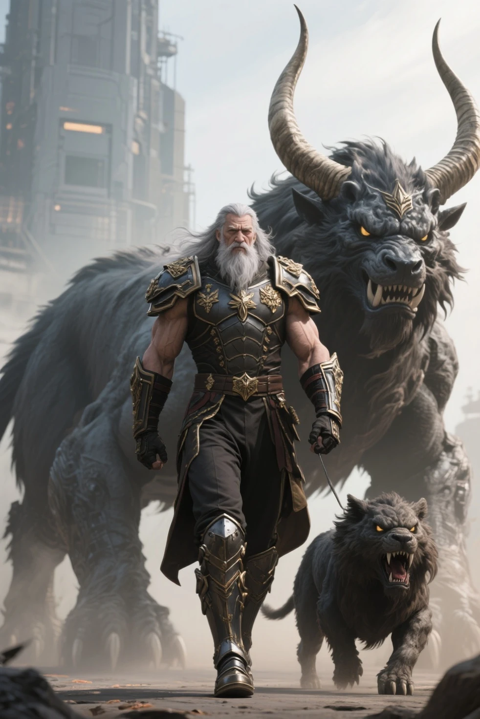 Muscular, barbarian king, With Long White Hair, angry, smiling, Wearing a closed and large wolf skin armor, with bright white eyes, sitting on a throne, with wife standing by his side, Full HD, best quality