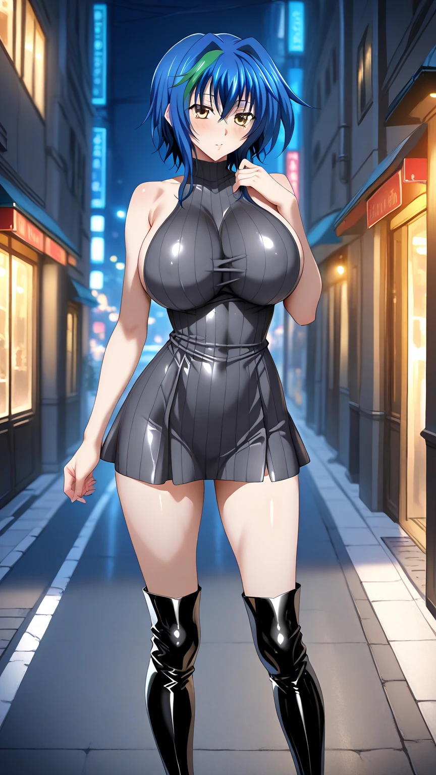 (become familiar with, masterpiece, highest quality, Complex),
Cinematic lighting、(key light：Front diagonal 45 degrees, fill light、Backlight、shadow、blue and orange color palette), accurate human body、detailed person、Correct five-finger、RAW photo、 4K - ultra-vivid、highest quality, masterpiece, ultra high resolution, (reality: 1.4), 



(((oil skin,sparkling skin、realistic skin texture、detailed beautiful skin、shiny skin、shiny skin)))、


upper body shot, camera angle is low, Depth of the bounds written, Focus on the center, fine eyes, Perfect face and eyes Cinematic lighting、(key light：Front diagonal 45 degrees, fill light、Backlight、shadow、blue and orange color palette), accurate human body、detailed person、Correct five-finger、cowboy shot, Kyoka Tachibana,

big breasts, 
1 girl, alone, convenience store店員,convenience store、
cute eyes, beautiful face, perfect round butt, erect nipples,
fit and body, perverted woman,

(Woman wearing a light blue striped shirt and white skirt),break,
black high-heels, Thighhighs, black_leg wear,

Early 30s, alone, white skin,
blue eyes, ((beautiful mature woman)),

enchanting smile, naughty face, Sweat, vapor, blush, Excited, (spoken heart),

Are standing, Best Sexual Poses, Hands pulling up skirts、

(At a convenience store late at night), , summer, indoor, perspective, dark lighting, Shelves with lots of products, white wall,