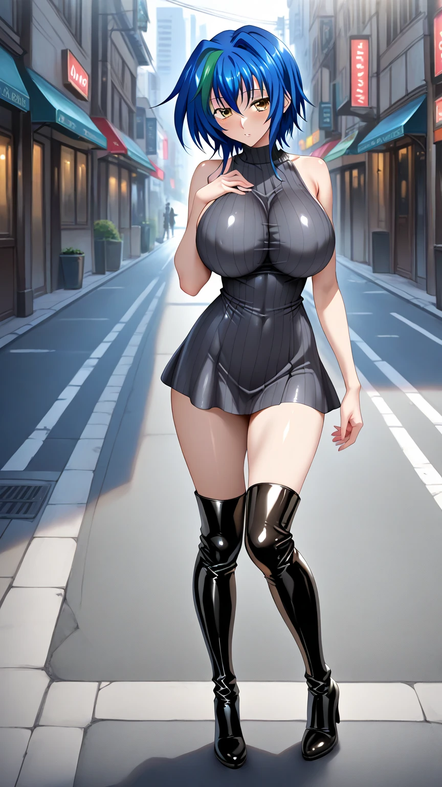 ((3D render:1.3))((Cowboy shot:1.4)) 1 Same Girl , Perfect Beautiful , robot Face ,(chrome skin:1.1), (titanium arms, titanium face, titanium legs) ((android woman)),( metallic android , long Hair , Black Gothic Dress , Athletic Body , ((gigantic breasts:1.2)) ((titanium legs:1.2)), Extreme Detailed Portrait With Bokeh Effect , Realistic Lighting , Night Street View , Dark Vibe , Crowd , Gothic Makeup , Posing Like a Model , Look at Viewer, blue lighting, blue street lamp light((moonlight ambiance light:1.0))