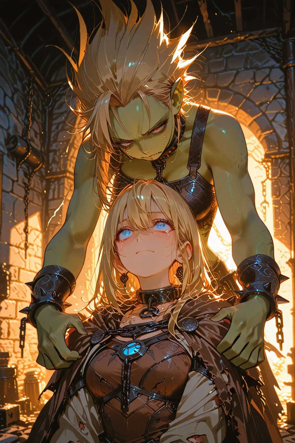 ((Vulgarity)),8k、(The true picture)、Very detailed、masterpiece、photograph、Best image quality、最high quality, (破れたCostume:1.2),Guild Girl (reception) - Goblin Slayer! (Goblin Slayer),reception,Long Hair, Braiding,Colorful Hair, Hair between the eyes, Costume,Guild Uniform,Looking at the audience, in the forest, Random Angle,Browsing Caution,(High resolution, high quality:1.1), Intricate details, Cinema Lighting, 1 girl, (Two 40-year-old male mafia members, penis:1.1), blush,Embarrassing),((1 female,Sex with the Goblin King:1.6)),Man hugging female waist,Browsing Caution, ((Rope restraints)),((shibari:0.3))bondage,((Creampie:1.4)),((Sex with lots of goblins:1.5)),((Big Breasts:1.3)),((Big Ass:1.3)),Perfect lighting,Perfect body,Random facial expressions,((Blowjob & deep throat)),Red lipstick、((Bukkake:1.3)),((従順なBlowjob:1.7),((Anal Sex:1.4), ((大量のCreampie:1.2)),((Cum on face and chest:1.3)),Cleavage cutout,Cleavage,Soaking wet,exposes the navel,(Grab your chest:1.3),