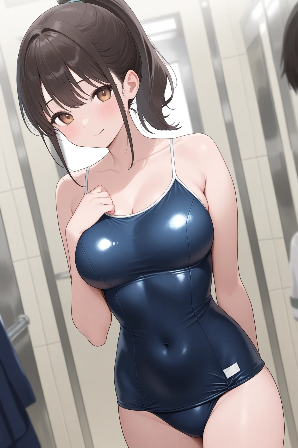 (masterpiece, highest quality, super detailed) (sumika), (long hair), (slim:1.7), short hair, black hair, pool, (huge breasts:1.4), raised, Wet , Sweat, beautiful face, (Big eyes:1.5), cute, fog, ,(old school swimsuit:1.3), ,, (election of nipples:0.8), (latex:1.2), from below, cameltoe, (Realistic swimwear:1.2),