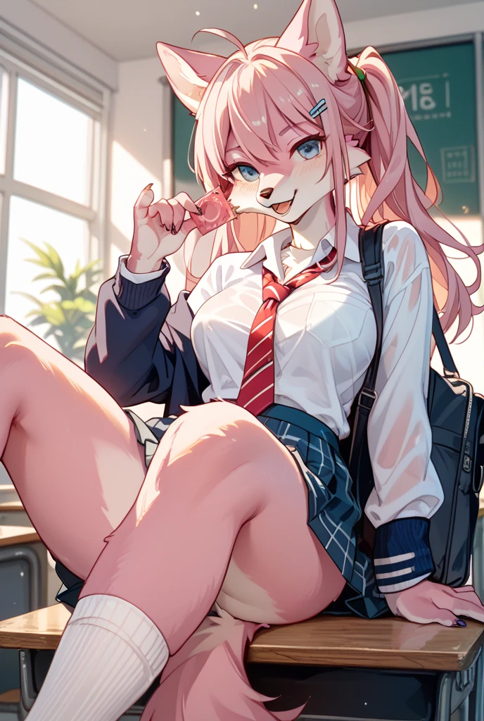 (best quality, masterpiece, anime, 4k, extreme detail), 1girl, slutty, bimbo, pink hair, blond roots, slutty makeup, dog collar, ruffled shirt, pleated skirt, plaid skirt, super textured outfit, boob outlines, hourglass figure, large breasts, sharp features, freckles, boob freckles, fox ears, ear tufts, fox tail, sat in a classroom, at a desk, tied to her chair, flushed, schoolgirl outfit, from the front