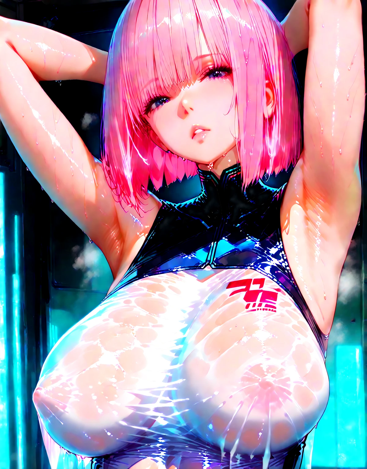 Sexy Idol Girl、Blue Eyes、White skin、Fair skin、Dynamic movement、Her breasts were exposed.、((Full nudity))、Full nudity、Bright light pink hair、Blunt bangs、Sexy pose、sit、((Leaning back with legs apart))、sex、sexual behavior、Neon Cyber Room