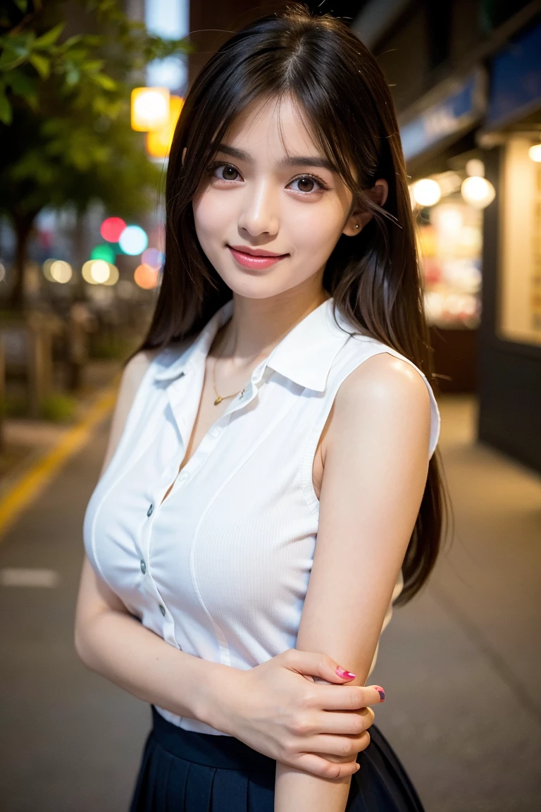 masuterpiece, Best Quality, Illustration, Ultra-detailed, finely detail, hight resolution, 8K photographic, Perfect dynamic composition, from front, full body, 1 japanese girl, detailed eyes, smile, upper body, Omotesando Street Walk, nature, skirt, sleeveless Shirt,