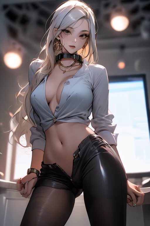 最high quality、best image quality、masterpiece、girl((20-year-old、 By becoming、vest bust、medium bust,wide open breast tea、shining eyes, silver hair、long hair、thin,highest valley、black sports bra、black sports pants、shoulder tattoo,diamond earrings、Wristband、black jacket、blue and red odd eyes)),high quality、beautiful art、background((Beautiful hotel room,table、serial、milk))、Flight、debris flies、Depth of written boundary、movie、visual art、perfect art、8K,genuine、Dynamic Performance