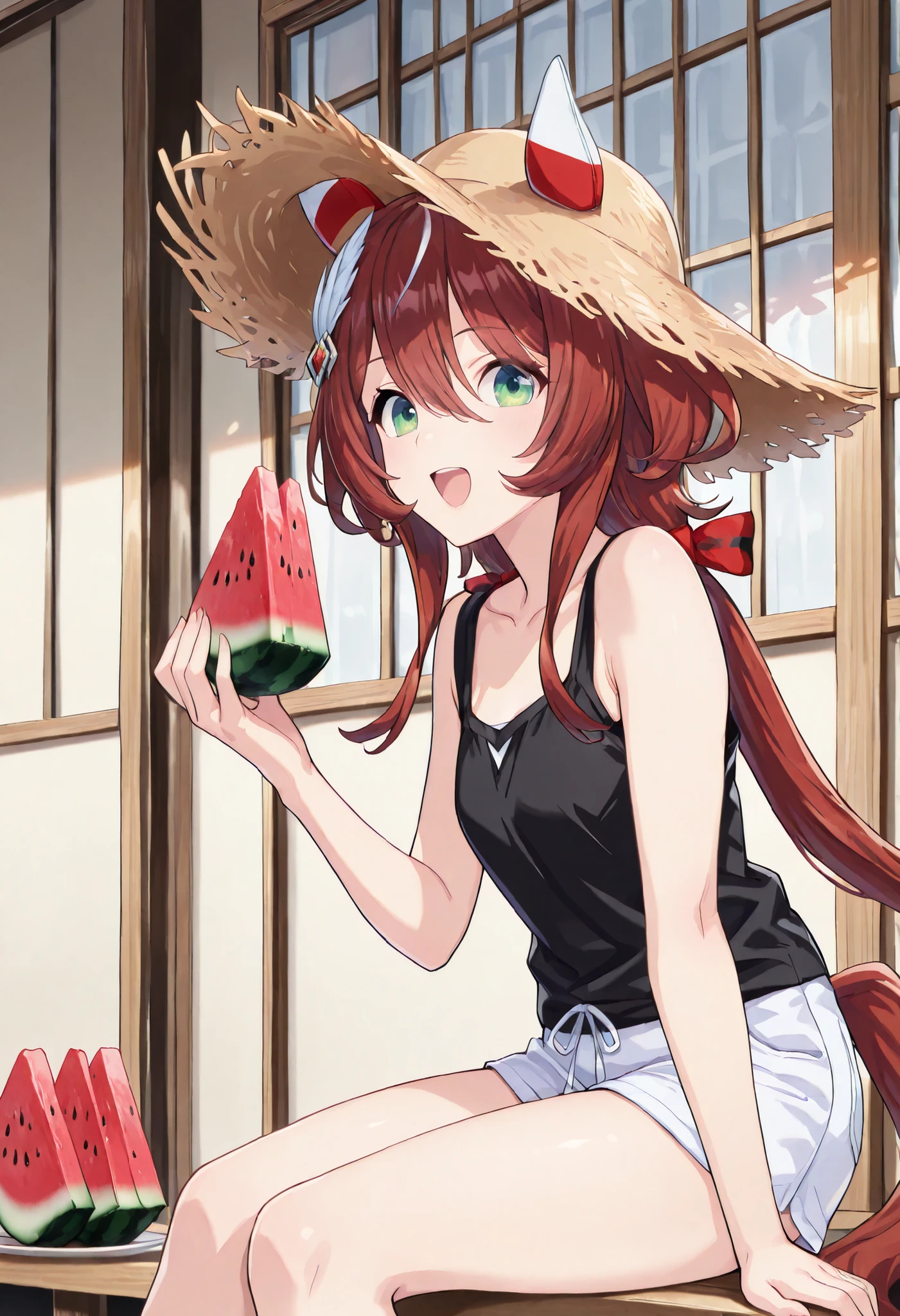 (masterpiece, best quality, perfect face:1.4), wide angle, win variation \(umamusume\), 1girl, feather hair ornament, two-tone ear covers, horse ears, horse tail, tail on the lower back, proportional body, proportional,1 girl, beautiful hair, beautiful face, beautiful detailed eyes, beautiful clavicle, beautiful body, beautiful chest, beautiful thigh, beautiful legs, beautiful fingers, looking at viewer, BREAK, eating holding (big) watermelon (with both hands) at veranda (wood deck:0.5) of (Japanese house), (summer) vacation, tank top, short pants, sleeveless, straw hat , smile, happy, open mouth wide, (sunlight:0.3), (lens flare:0.3), sitting, realistic skin, textured skin, HDR, BREAK, good hands,