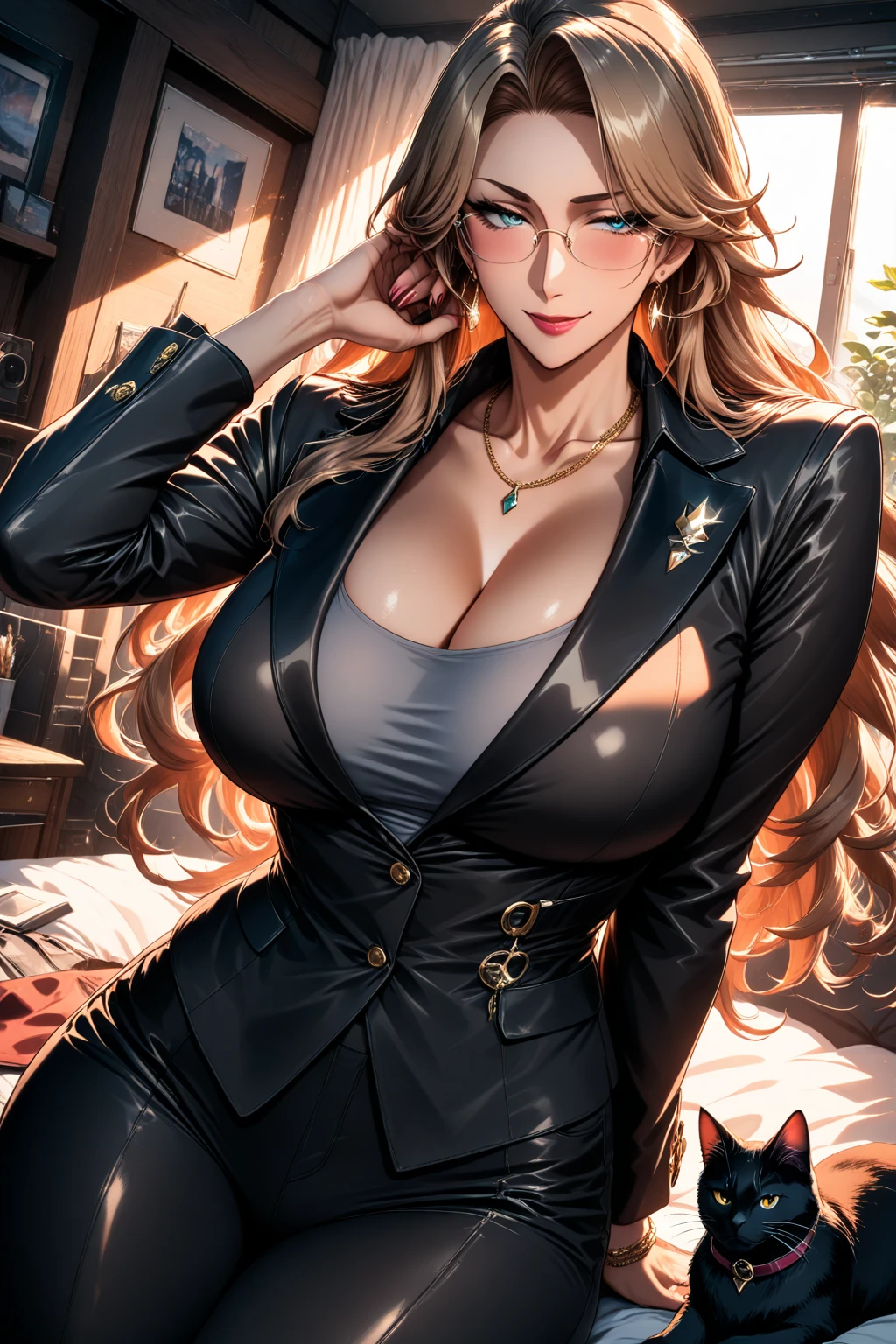 (best quality:1.5, highres, UHD, 4K, detailed lighting, shaders), gold floral haired, gradient hair, large breasts, suit, gray shirt, social shirt, short skirt, mature woman , (pov), white background, colorful eyeshadow, dramatic lighting, sparkling eyes, sensual expression, golden earrings, flowing hair, delicate facial features, dark skin, high cheekbones, urban setting, white background, dont look for the camera, lean forward, ( pose : behind the camera)