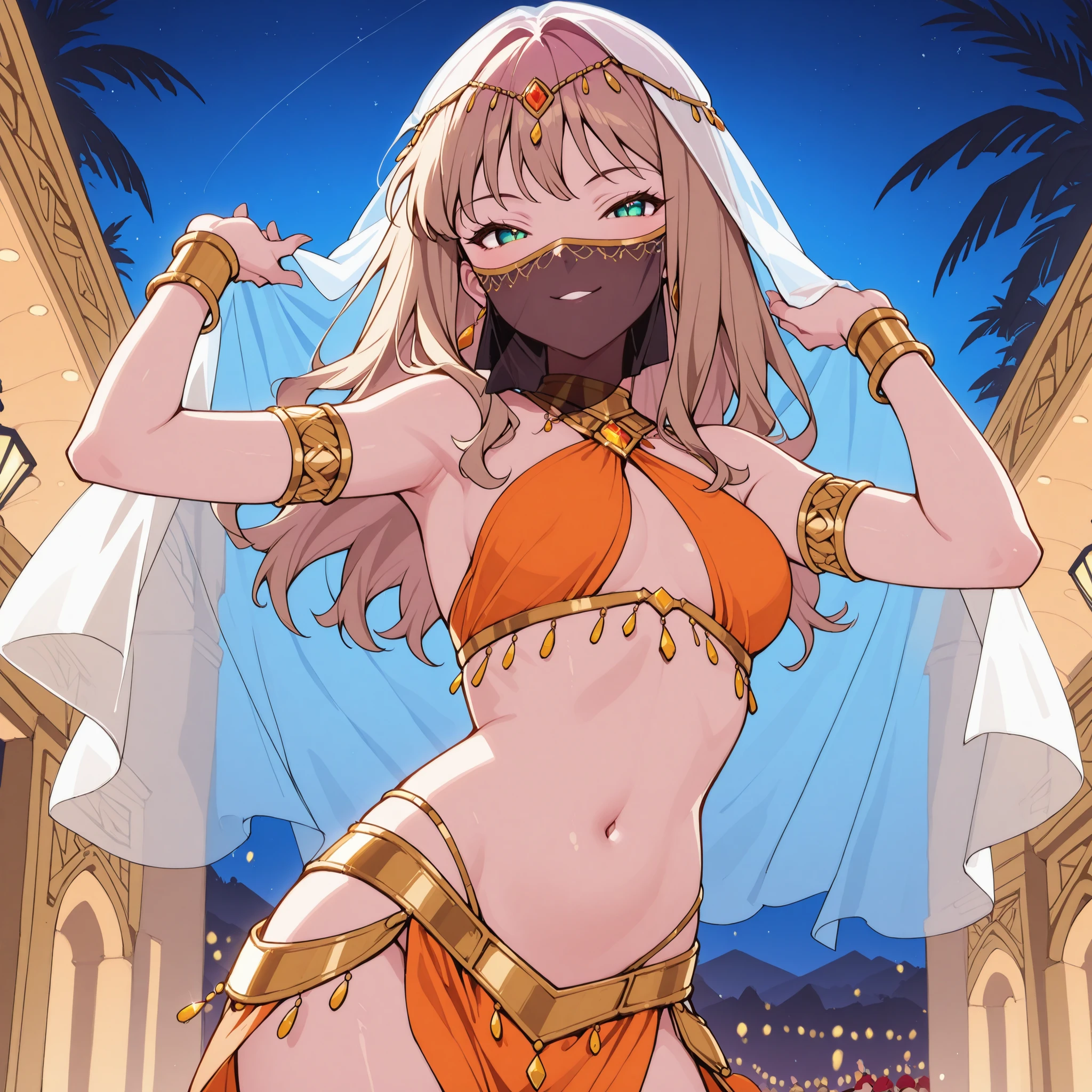 (1girl:1 . 5) , (Seul:1 . 5) , score_9 , score_8_haut , score_7_haut , source_anime , Official work , ultra-detailed , masterpiece , best quality , high res , beaux yeux , detailed eyes , detailed face , beautiful detailed eyes ,SSSS Dynazenon ,Minami Yume,Arabian Clothes , Arabian Dancer ,belly dancer costume ,mouth veil, golden jewelery,armlet, belly dancing,night, arabian garden, seductive smile, dancing with veil, dynamic movement, seductive pose,sexy pose