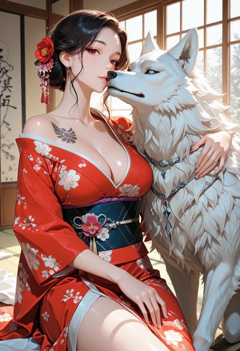 Black hair, short hair, bangs, white kimono, kimono with rips, red katana with violet flames, large breasts, curvy woman, thin waist, thick legs, medieval red boot, brown colored eyes, earrings in the shape of a sword, indifferent look, mature woman, medieval tavern, embraced with a white wolf.