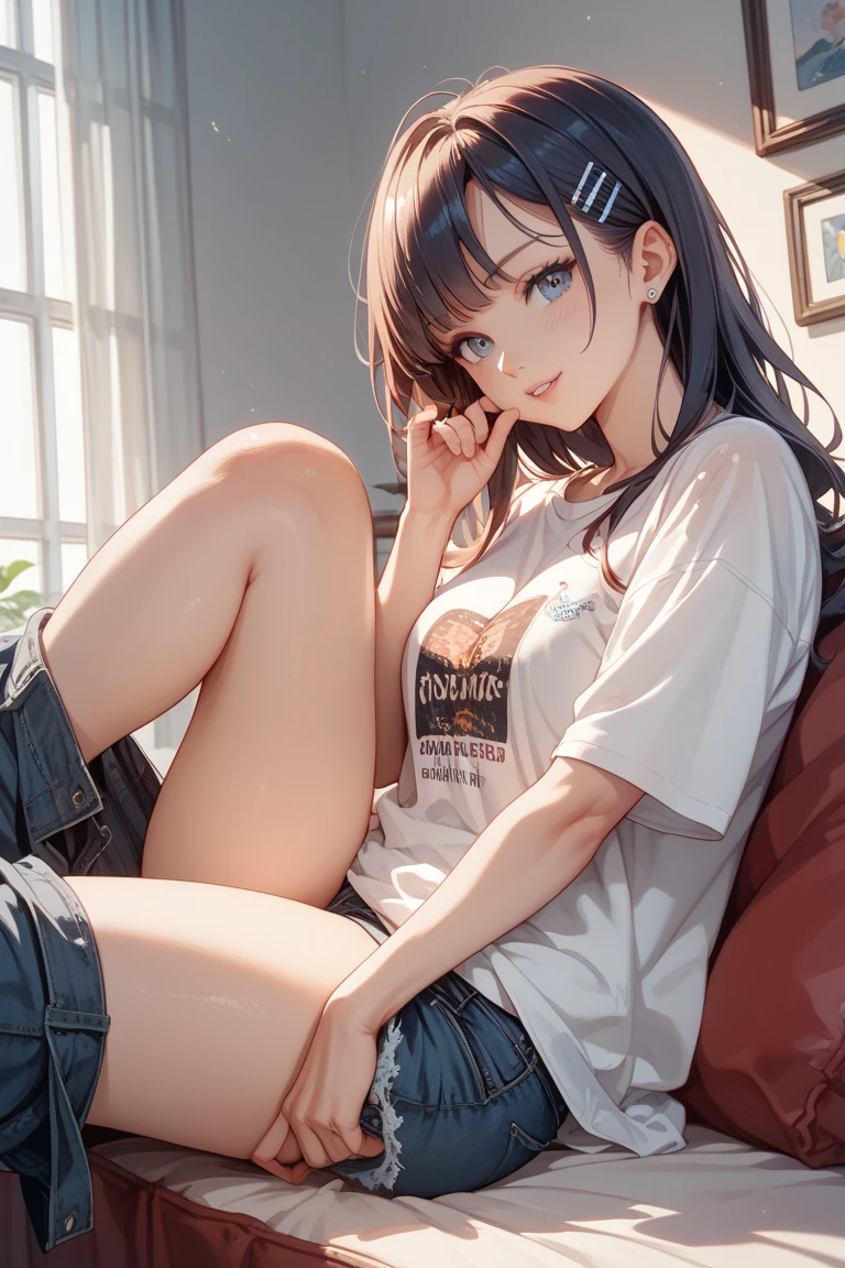 a girl sitting on barstool cushion, spread legs, denim miniskirt, white panties,