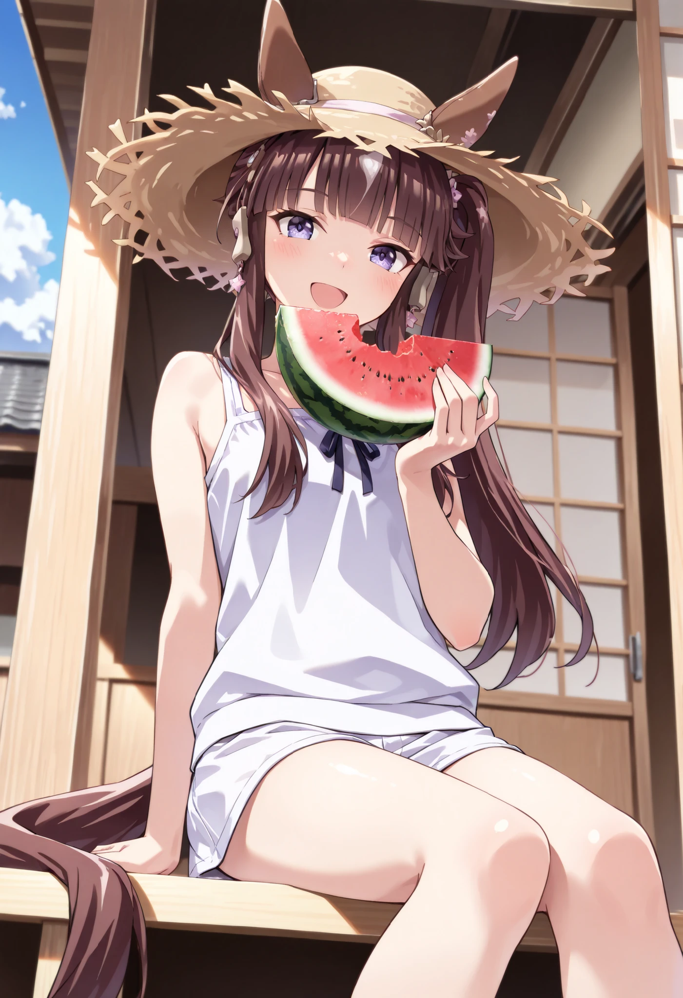 (masterpiece, best quality, perfect face:1.4), wide angle, lucky lilac \(umamusume\), side ponytail, horse ears, horse tail, tail on the lower back, proportional body, proportional,1 girl, beautiful hair, beautiful face, beautiful detailed eyes, beautiful clavicle, beautiful body, beautiful chest, beautiful thigh, beautiful legs, beautiful fingers, looking at viewer, BREAK, eating holding (big) watermelon (with both hands) at veranda (wood deck:0.5) of (Japanese house), (summer) vacation, tank top, short pants, sleeveless, straw hat , smile, happy, open mouth wide, (sunlight:0.3), (lens flare:0.3), sitting, realistic skin, textured skin, HDR, BREAK, good hands,