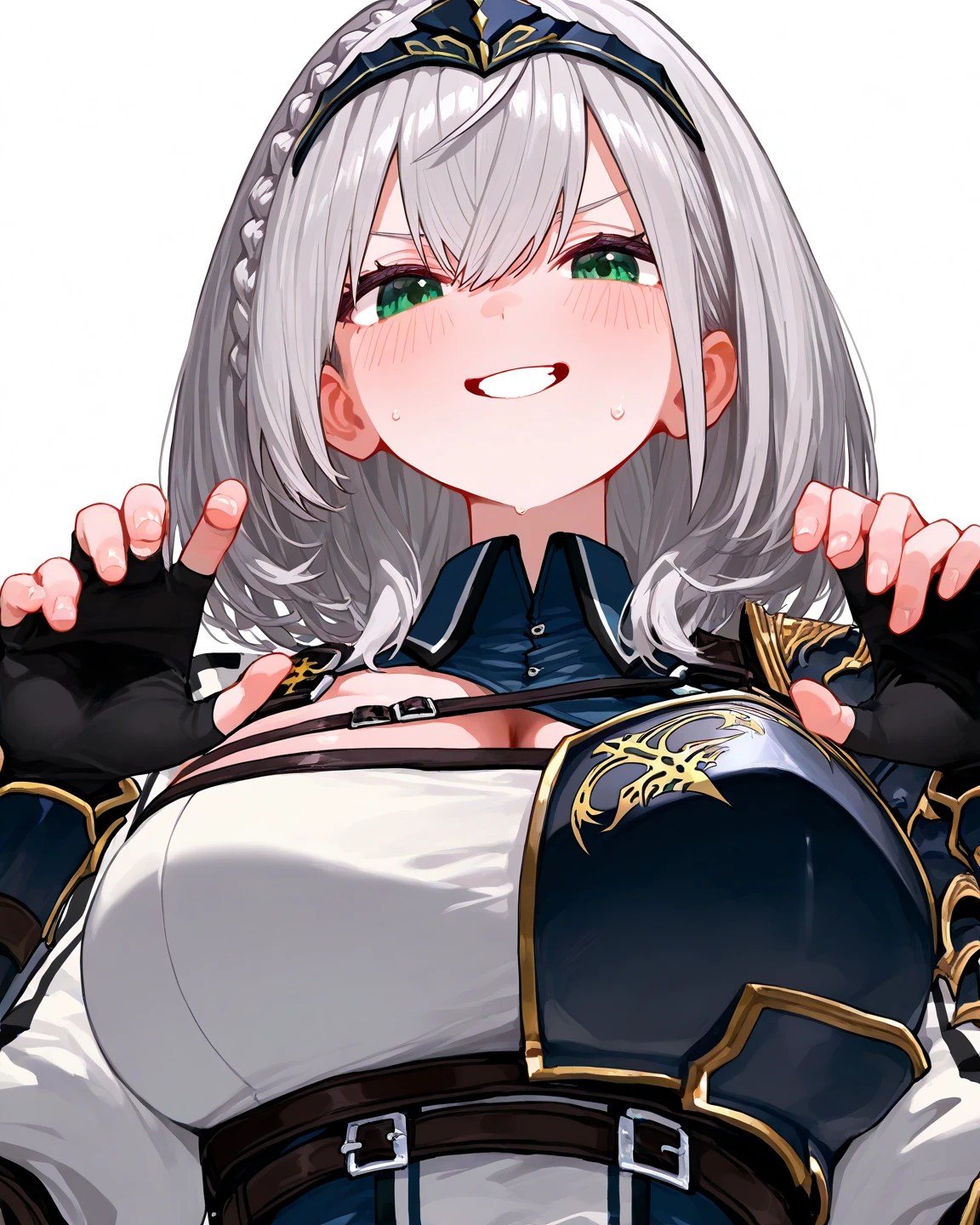 score_9, score_8_superior, score_7_superior, sauce_anime,
shadowbeta, beta, short hair, blue eyes, Braiding, Grey Hair, Painful expression,
gloves, Cleavage, armor, Clothing cutouts, Cleavage cutout,Tied up with rope,gag,Lying down,Struggling,