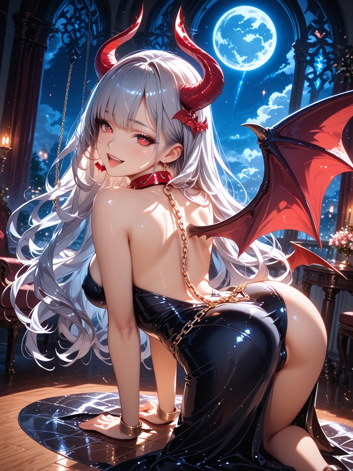 2girls,profile,fingering,spread pussy,yuri,hug,uneven horns,tattoo,messy hair,silver hair,black hair,demon girl,demon tail,hooded cloak,blue eyes,solar eclipse,piercing,pointy ears,flat chest,smile,nsfw
