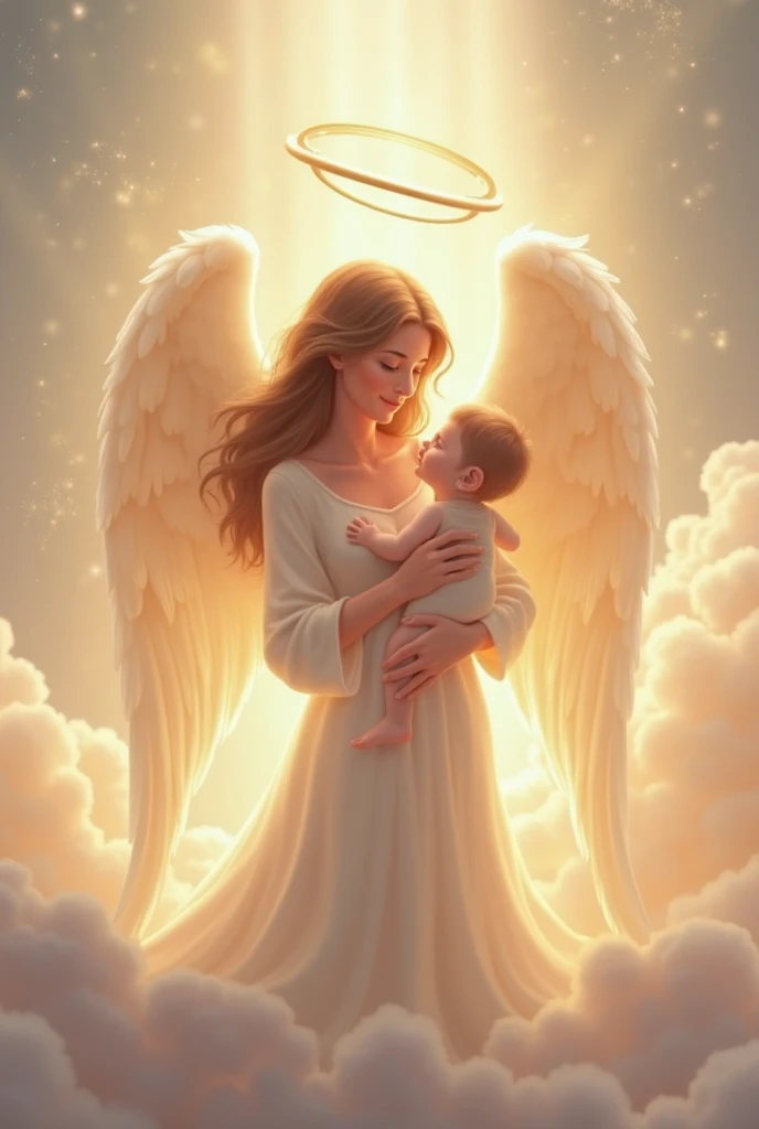 (best quality,4k,highres),mother and sleeping,angel protector,peaceful atmosphere,soft lighting,tender bond,serene,watchful eyes,sleeping innocence,motherly love,angelic wings,lullaby in the air,blissful dreams,calm and soothing,angelic presence,guardian spirit,eternal love,protective embrace,gentle touch,peaceful sleep,tranquil scene,luminous glow,ecstasy of slumber,supreme serenity,dreamlike warmth,unconditional love,cherished moments,safe and secure,heavenly protection,mother's touch,sacred connection,celestial guardian,eternal bond,inner peace,mother's love,heavenly peace,everlasting serenity