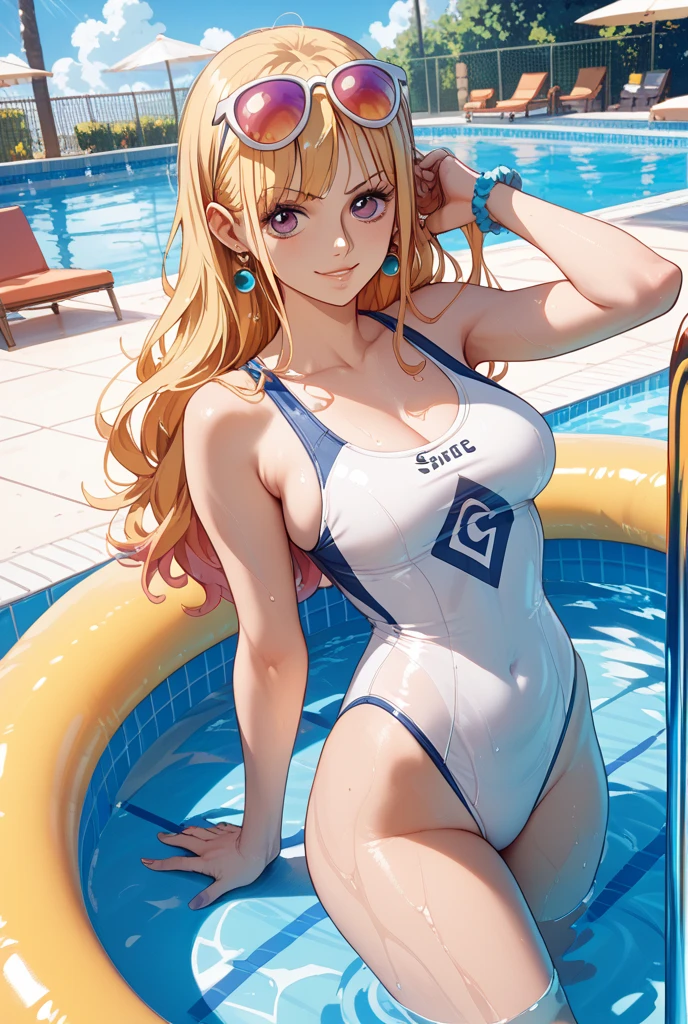 ((Highest quality、、masterpiece:1.3)), Upper Body、Long legs、Sharp focus:1.2, Beautiful woman with perfect figure:1.4、((Big Breasts:1.2)), (Smiling:1.2), Face and skin texture crafted to the smallest detail、Fine-grained、double eyelid、30-year-old female、sexly、((((Swimwear、Poolside、The pool in question))))、blonde、long hair、Blue Eyes
