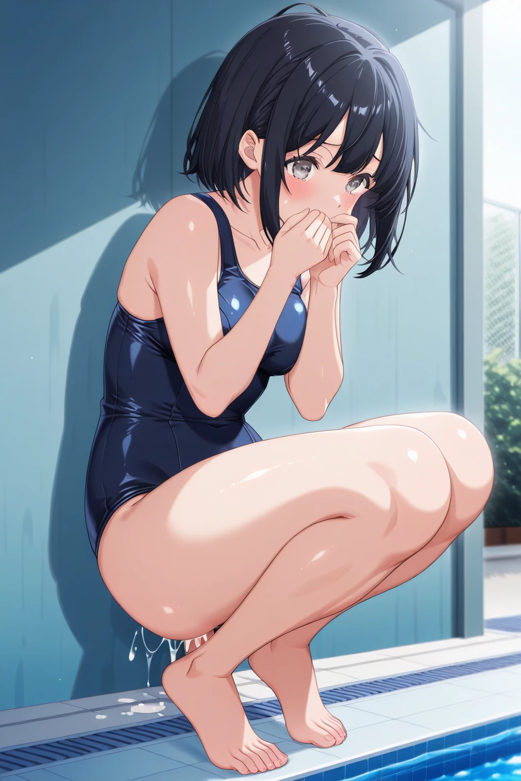 18 year old Japanese, high school student、Black short bob, small size of breasts, Flat Chest、Slim body, The background is a school classroom、Squat posture、Spread your legs, Spread your legs, Only one girl, One piece swimsuit、Navy blue school swimsuit、Front of body、looking at the camera、Glaring、Shame、Angry crying、Are crying、Flowing Tears、barefoot、Pee、Peeing、Yellow water from the genitals、Seriously angry