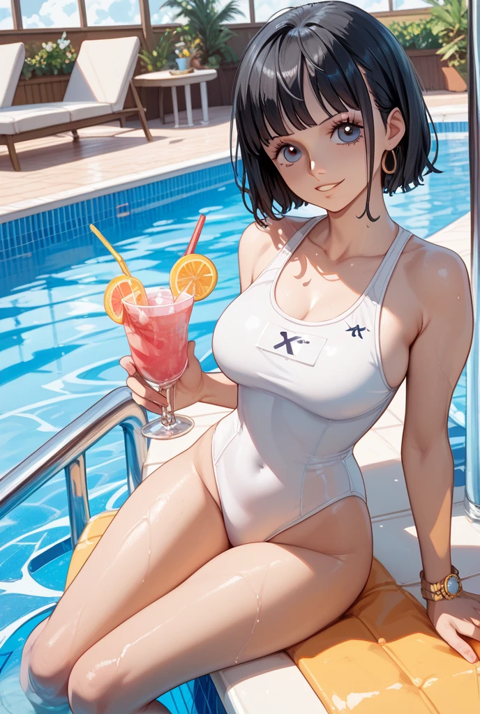 Highest quality,Highest Resolution,A beautiful girl in a leotard swimsuit with a crying face,Poolside at the competition pool,Black hair ponytail,Very beautiful eyes,(((Drink a drink))),Sweat profusely,Tears,Open your mouth wide and drool,Transparent nipples,whole body,Super High Leg,