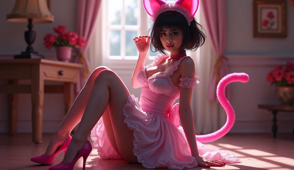 beautiful, masterpiece, best quality, extremely detailed face,a cartoon of a woman looks like a cat with ears and tail holding  a mouse on the floor with a pink background and a pink and black cat on the floor, ((kkarot))
, bdsm, mistress  <lora:kkarot:0.75>