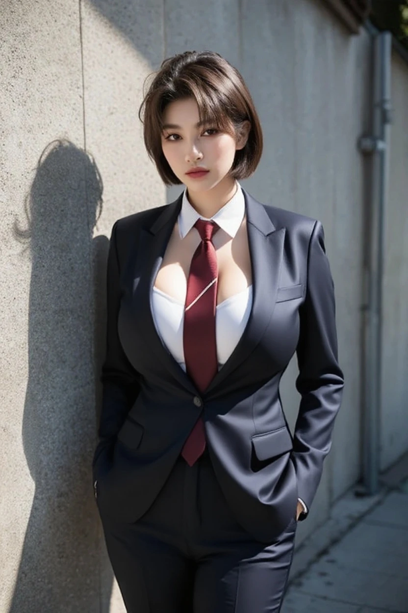 a 23 year old face of the most beautiful actress in the world, the perfect body proportions of a female, short hair cut above the ears for a female, blazer covering formal shirt is tight thanks to large breasts, panties between bare legs are seen just a little thanks to skirt is too short, bare thighs, the outfit is covering whole upper body, at the city street, standing, nsfw, best quality, highly detailed, masterpiece, ultra high res, photo realistic, 8k